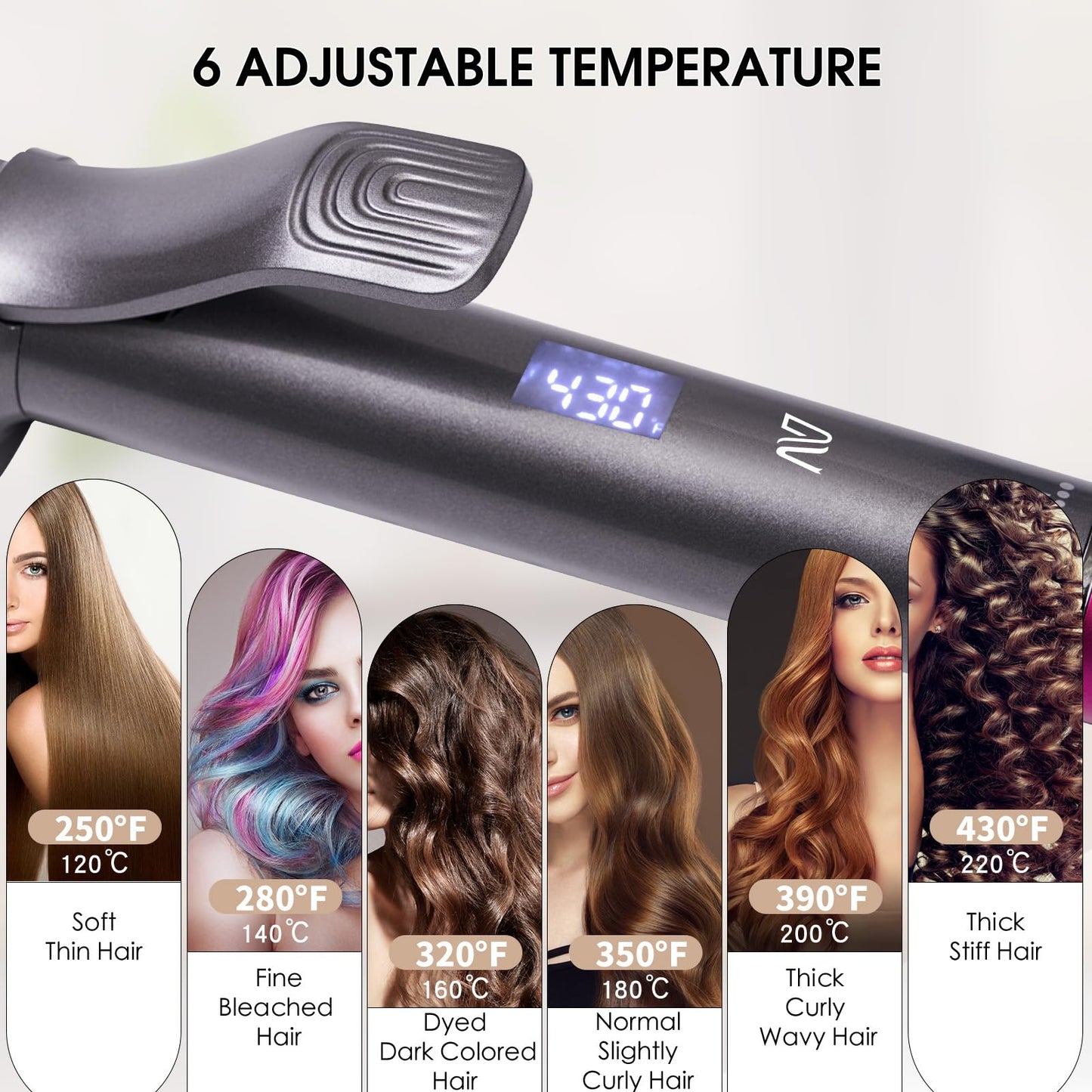 Nycoba 1 1/4 Inch Curling Iron, Ceramic Coated Hair Curling Wand, Rapid 430°F Heating, Temperature LED Display, 6 Temperature Settings, 60 Minutes Auto-Off