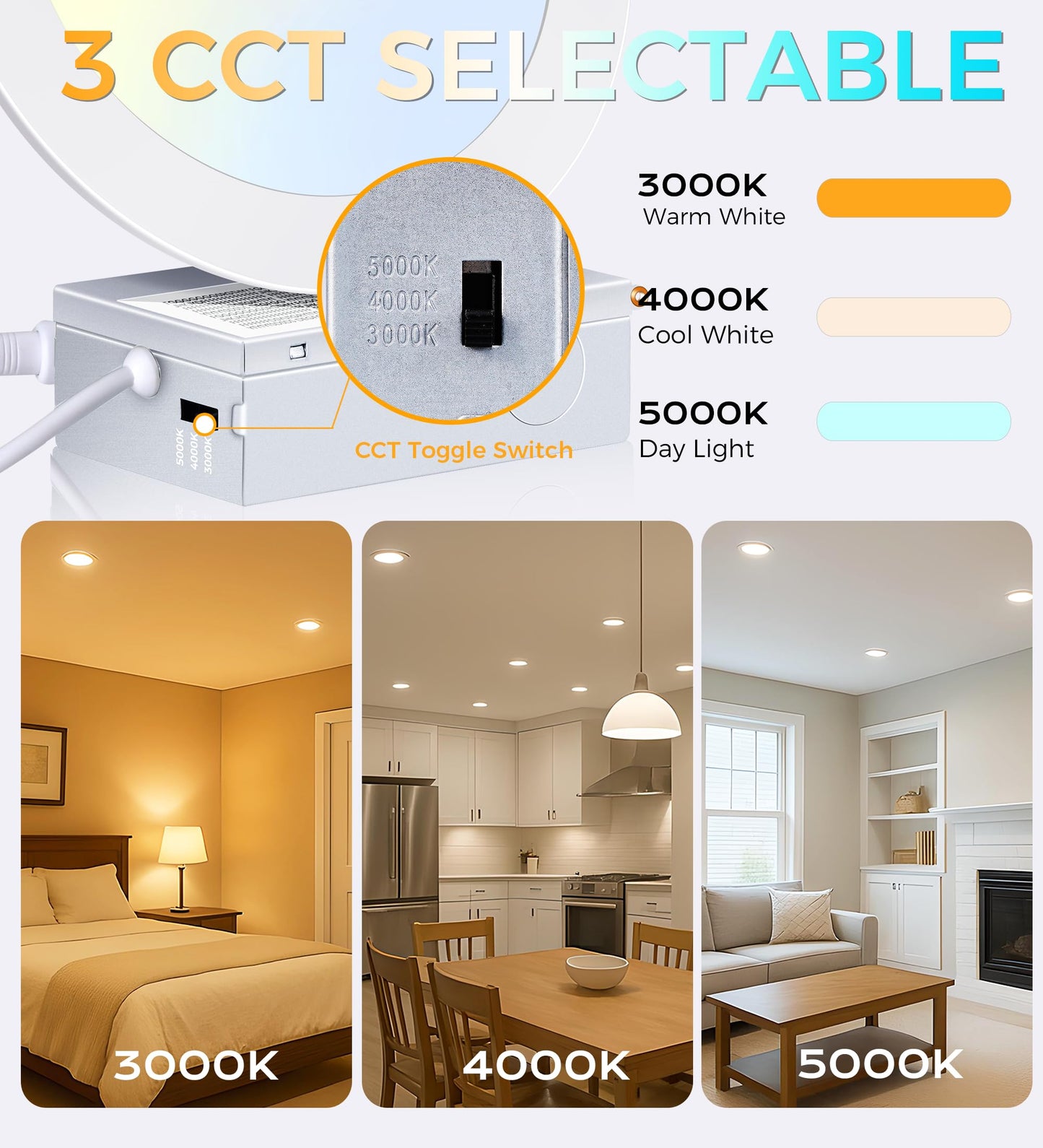 CLOUDY BAY 6 inch 3000K/ 4000K/ 5000K Selectable,Dimmable Recessed Lighting 15W CRI90+,Ultra Thin LED Recessed Light with Junction Box,IC Rated, Canless Wafer Downlight, Damp Location, White, 6 Pack