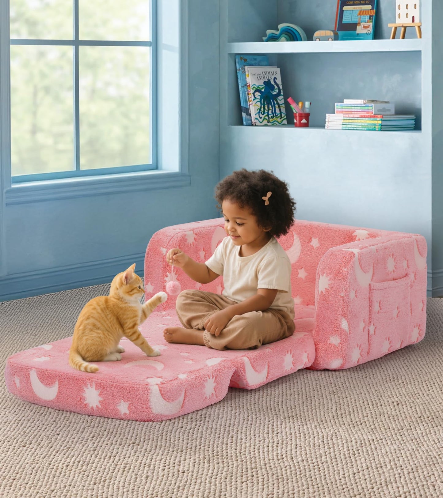 Kids Couch, 2-in-1 Soft Toddler Couch Fold Out with Blanket and Cloud Pillow, Glow in The Dark, Convertible Sofa, Gifts for Kids Girl Boys, Medium Pink Moon