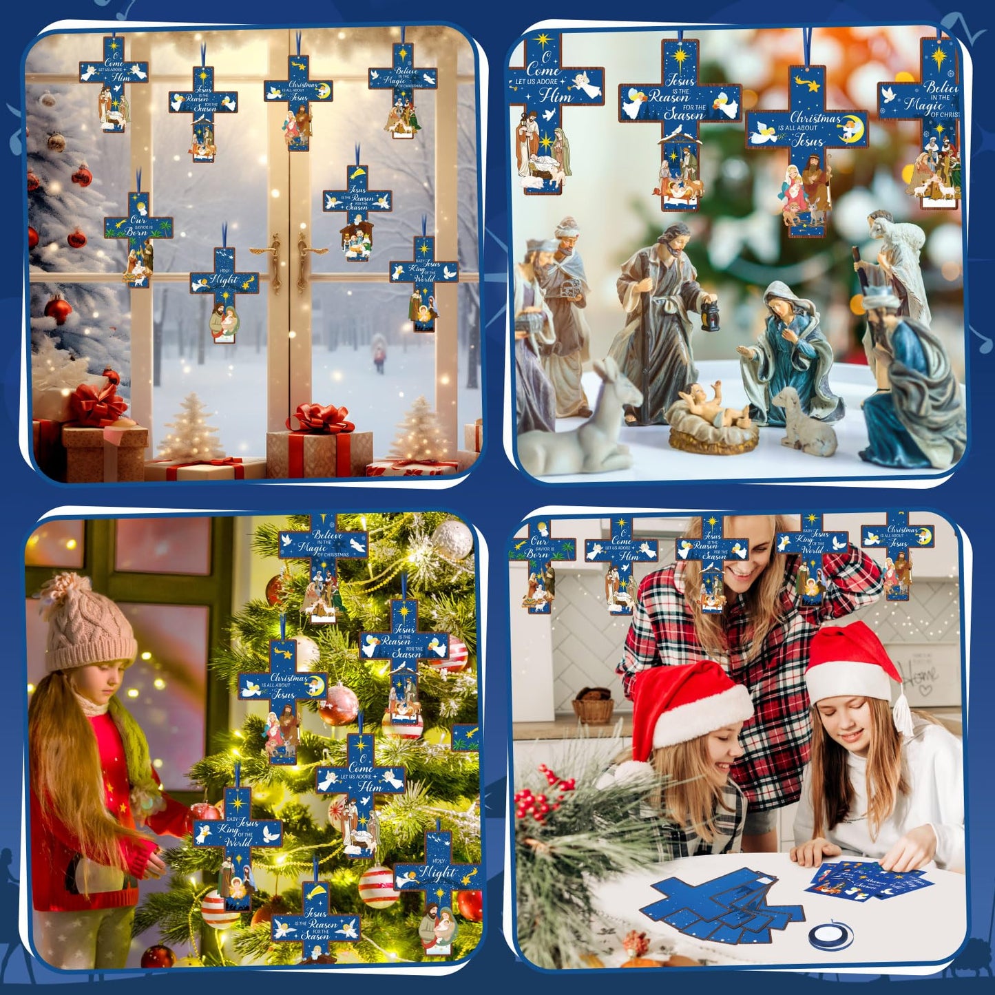 Watersay 48 Set Religious Cross Craft Kit Christian DIY Paper Crafts Make Your Own Hanging Ornament Crafts for Sunday School VBS Church Classroom Art Project Home Activities (Christmas,Blue)