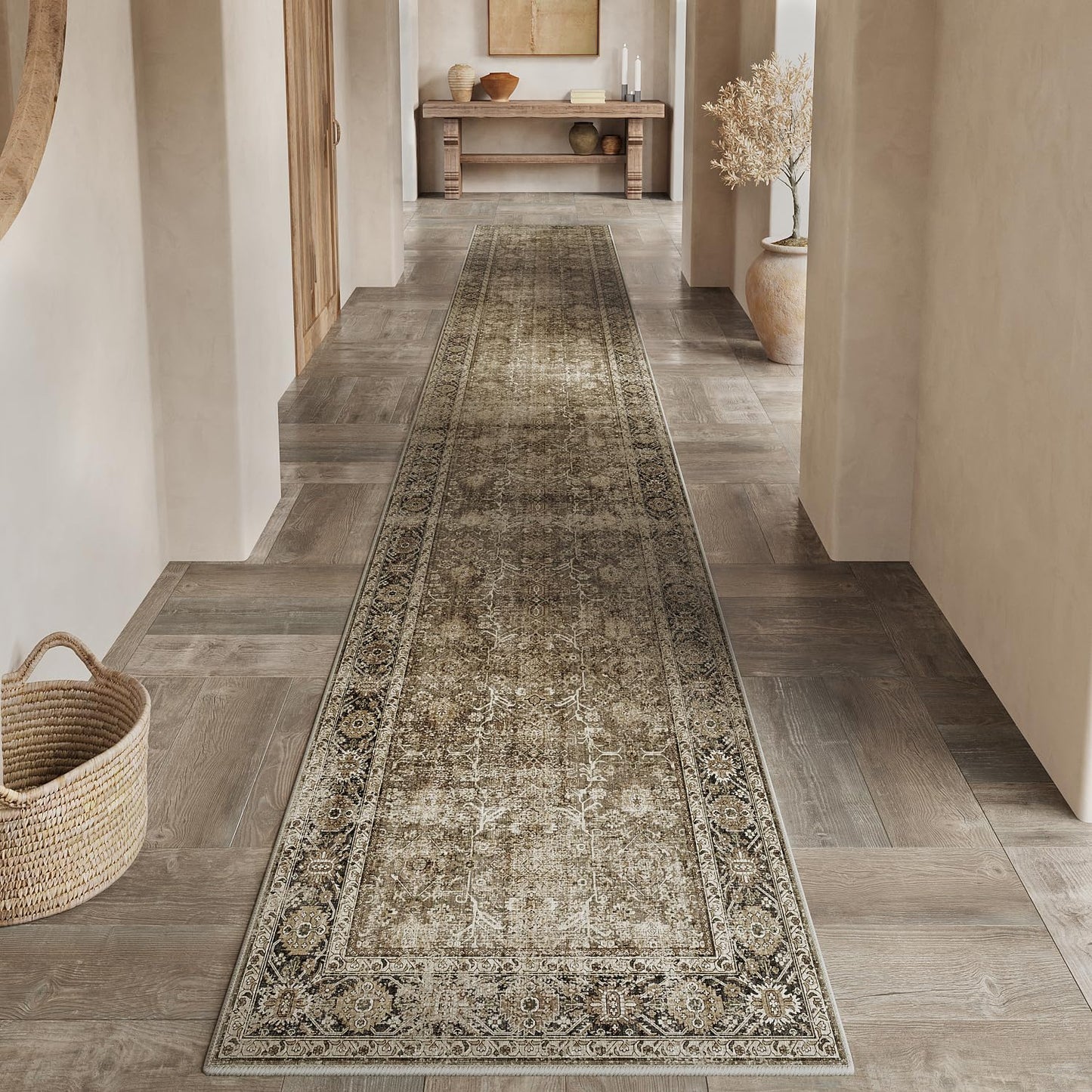 PureCozy Brown Runner Rug 3x12 Vintage Area Carpet Hallway Long Indoor Kitchen Washable Living Room Low Pile Traditional Distressed Retro Accent Throw Rug Non Slip Laundry Bathroom Office Dining Room