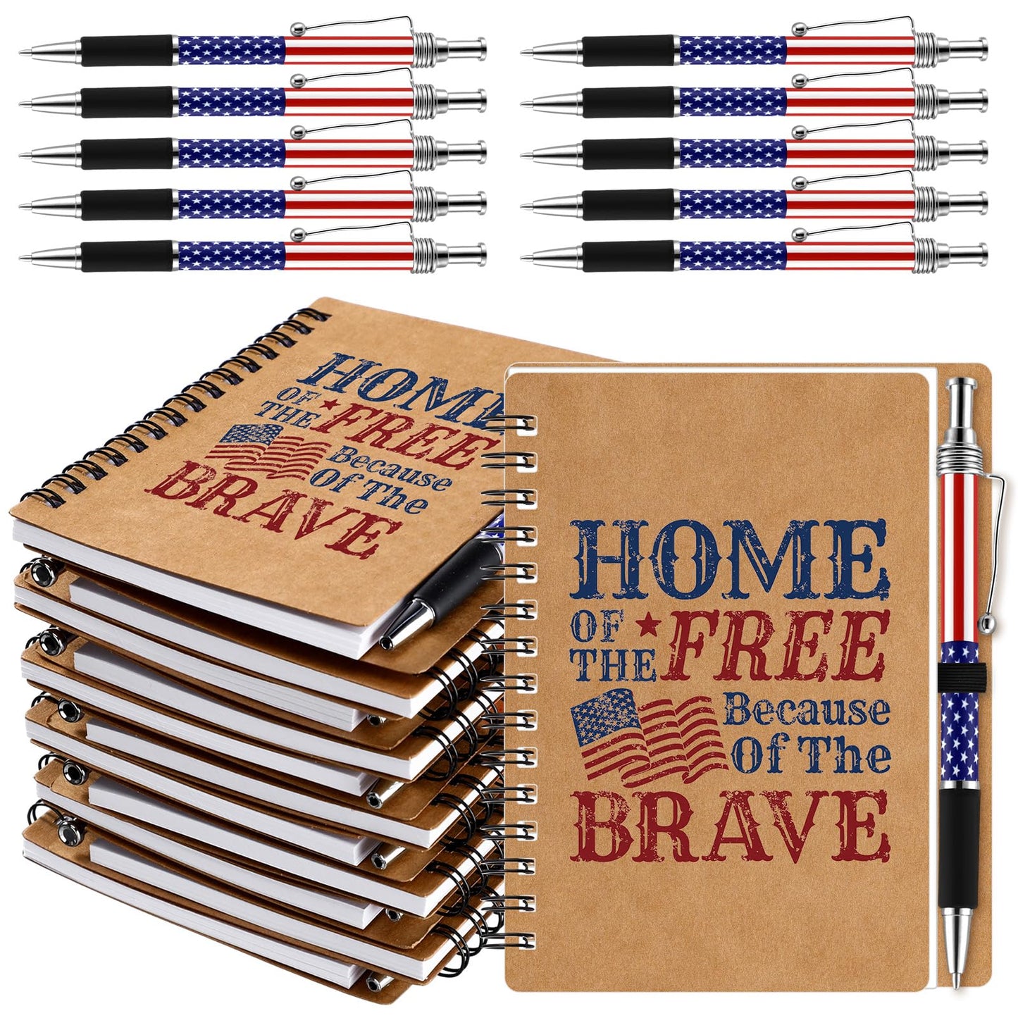 Resurhang 250th Anniversary Memorial Day Gift American Flag Ballpoint Pens Spiral Notebooks Home of The Free Because of The Brave Journal USA Patriotic for Veteran Military Soldier 250th Gift(24 Set)