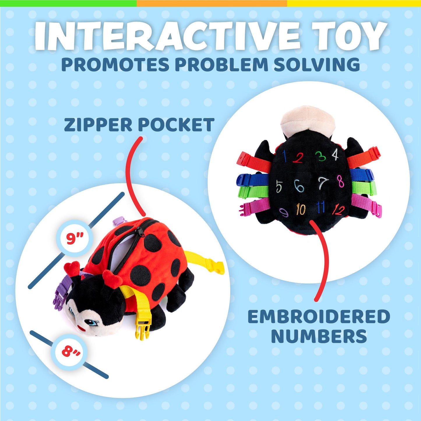 Buckle Toy - Becky Ladybug Stuffed Animal - Montessori Learning Activity Toy - Develop Motor Skills and Problem Solving - Toddler Sensory Travel Toy