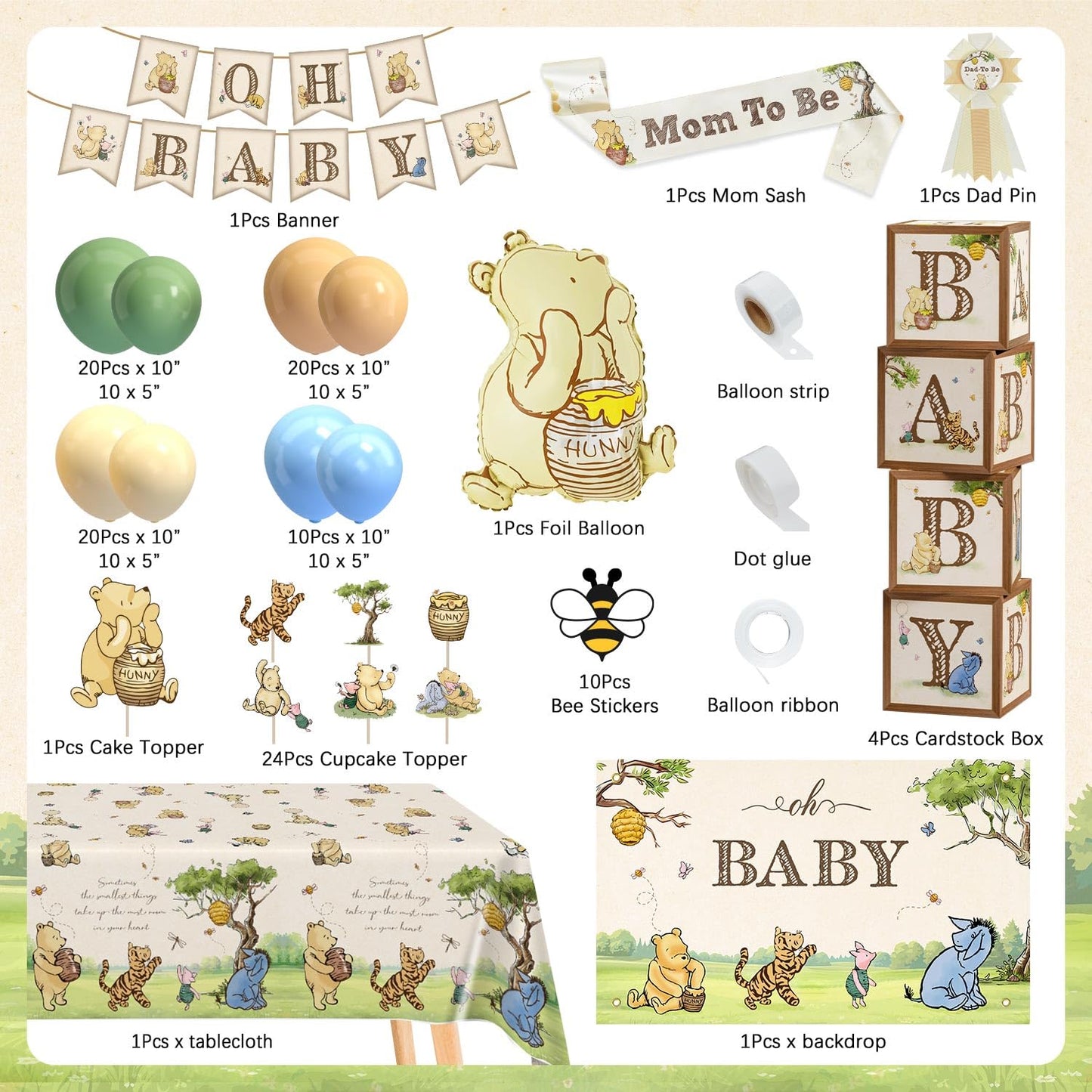 Classic Winnie Bear Baby Shower Decorations, Neutral All-In-One Pooh Baby Shower Balloon Arch Baby Boxes Backdrop Banner Tablecloth Cake Cupcake Topper Bee Stickers Mom To Be Sash Kit for Boys Girls