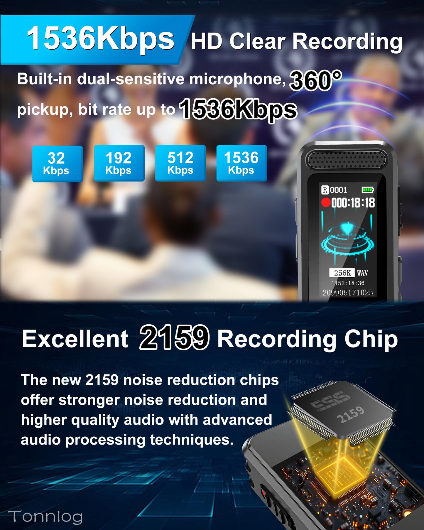 128GB Mini Digital Voice Recorder with 2159 Professional Noise Reduction and up to 1536kbps Lossless Sound Quality, Voice Activated Recorder with Playback, USB-C Audio Recorder for Lectures Meetings