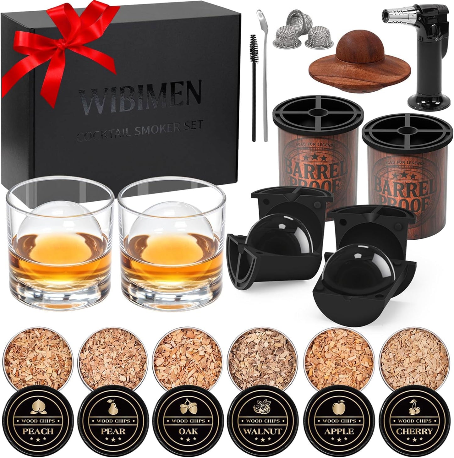 Whiskey Smoker Kit with 2 Crystal Clear Ice Ball Makers, Torch Included, 6 Wood Chip Flavors, Old Fashioned Cocktail Smoker Kit, Bourbon Whiskey Gifts for Men, Dad (No Butane)
