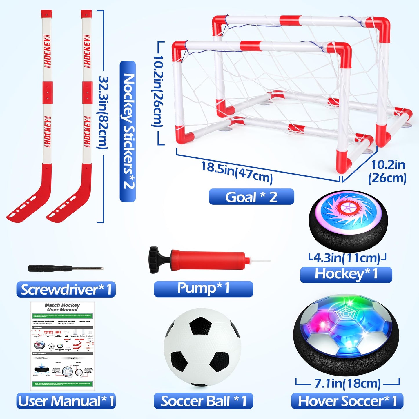 Hover Soccer Ball Toy Set, Hover Hockey Set for Kids, Air Floating Soccer Toys Hockey Ball with Led Light, Indoor Outdoor Sports Toys & Games, Christmas Birthday Gifts for 3 4 5 6 7 8+ Years Boy Girl