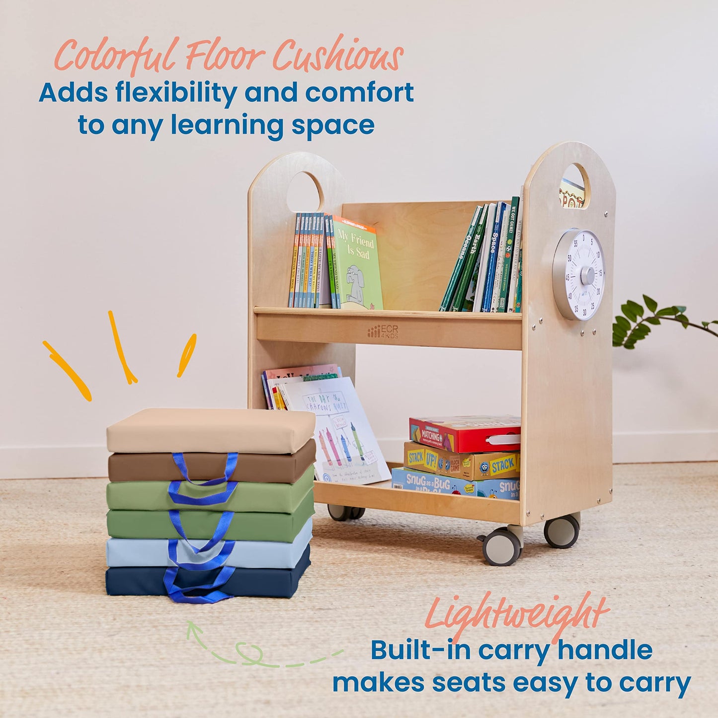 ECR4Kids SoftZone Floor Cushions, Square, Flexible Seating, Earthtone, 6-Piece