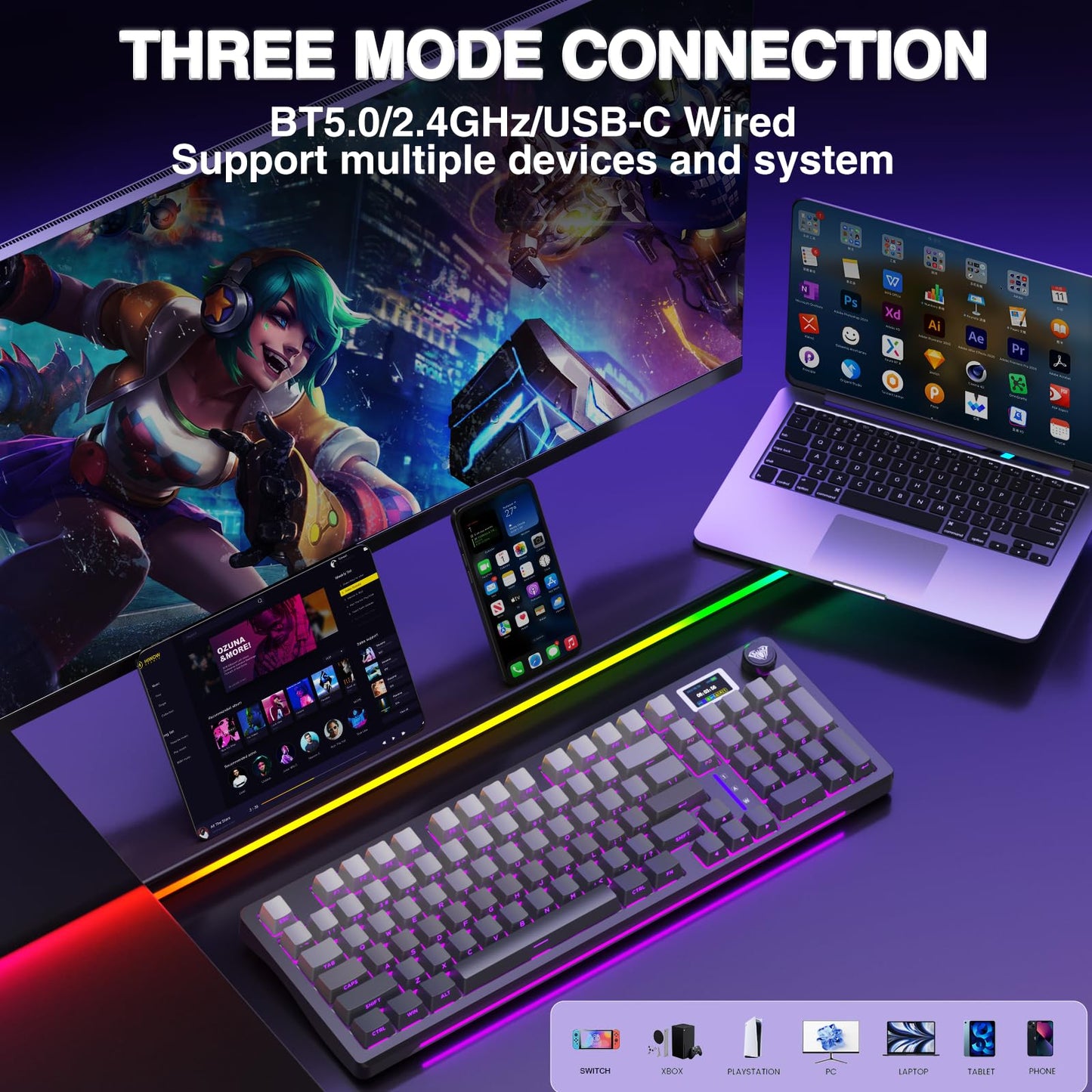 AULA S98 Pro Wireless Mechanical Keyboard with Screen & Knob,2.4GHz/USB-C/BT5.0 Gasket Hot Swappable Creamy Keyboard,Pre-lubed Linear Switches,Side Printed PBT Keycaps,RGB Backlit Gaming Keyboard