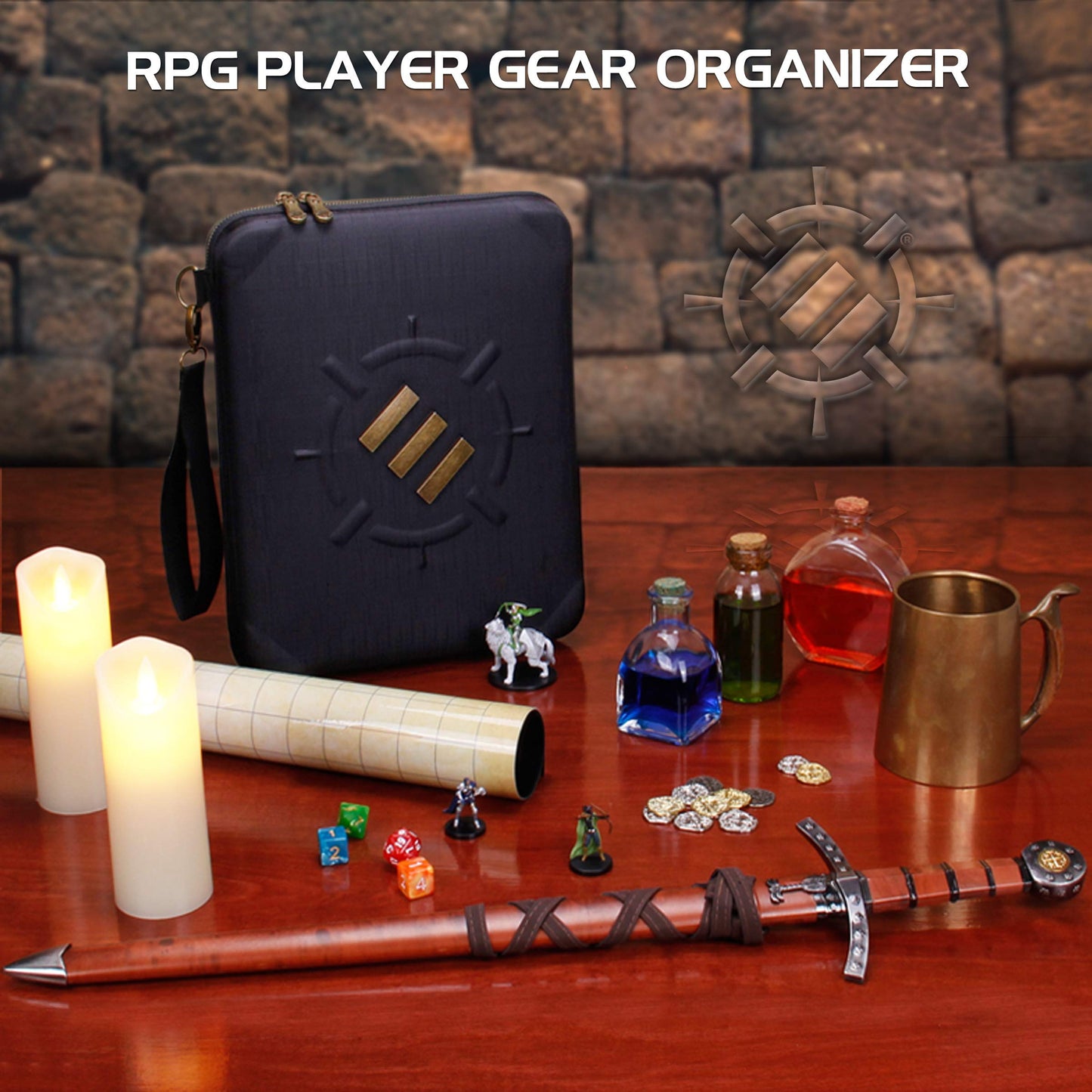 ENHANCE RPG Organizer Case - DND Binder with Built-in Character Sheet Holder and Erasable Scribe Panel, Dice Rolling Area, Removable Pen Pouch, Miniature Foam Tray, Wrist Strap, and More (Black)