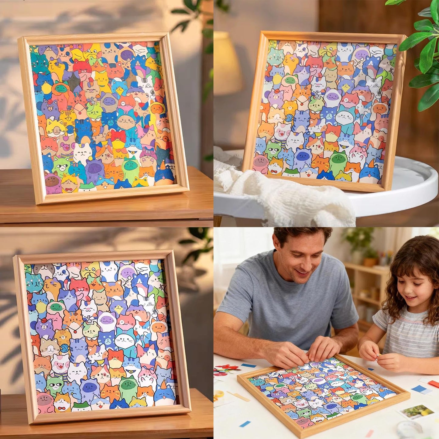 Little Kitties - Wooden Coloring Puzzle, Puzzle/Drawing/Assembly All in One, Wooden Cat Coloring Puzzle Frame, Natural Wood Grain, Equipped Marker Pen