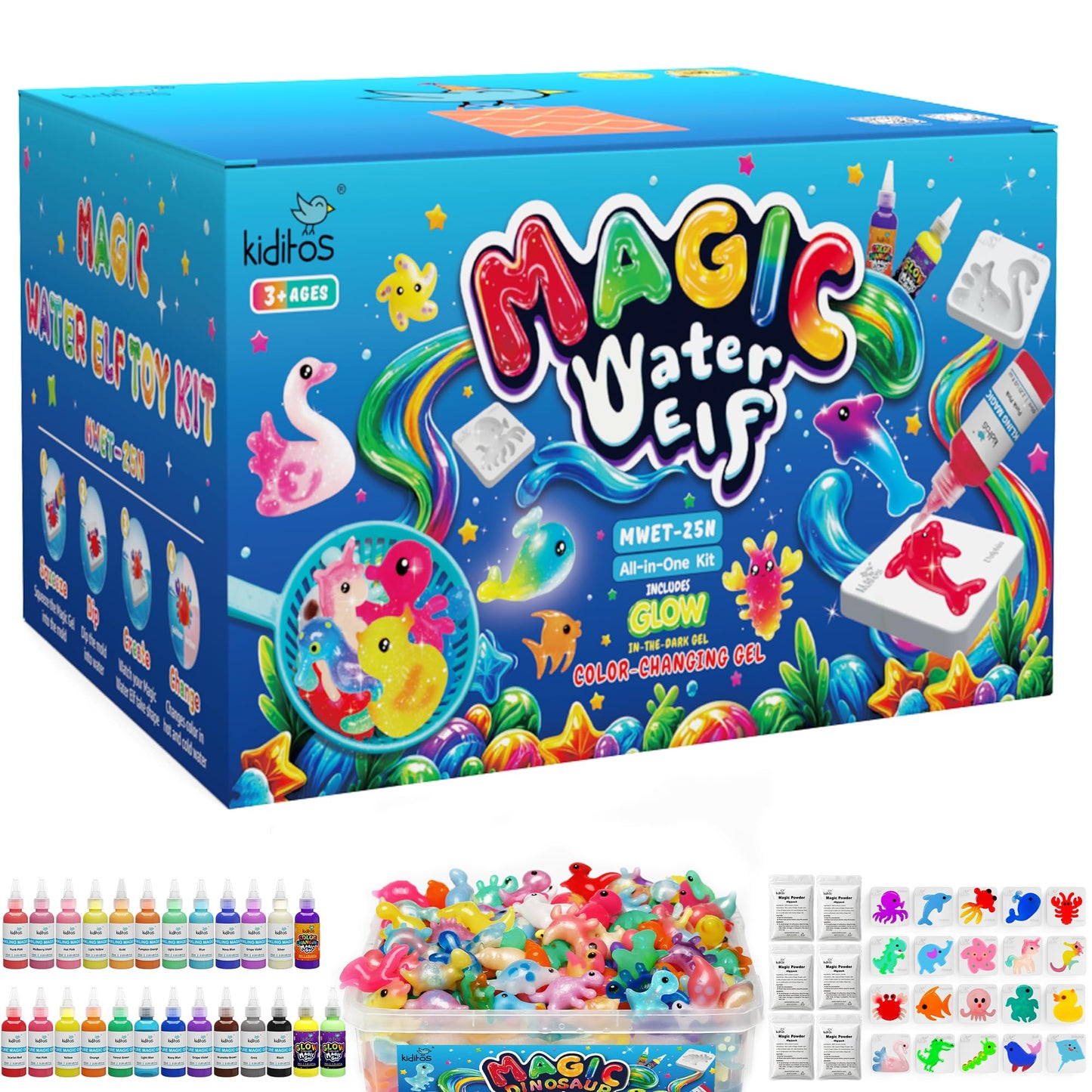 Kiditos Magic Water Elf Toy Kit–Squishies for Kids, 25 Gels & 20 Molds, Magic Gel Water Pets Sensory Toy, Fun DIY Craft Kit, Party Favors, Birthday & Christmas Gifts for Kids Ages 3+