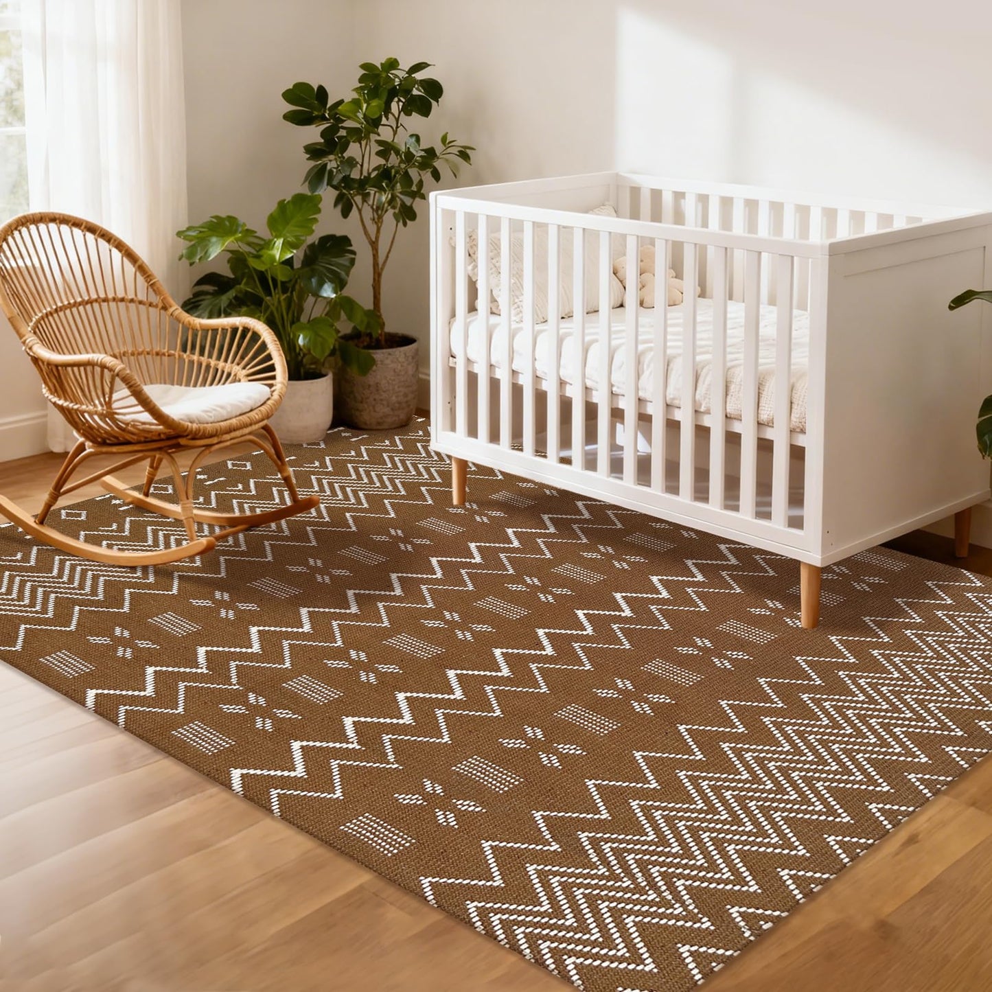 winolive Washable Area Rug 5x7 ft,Rubber Backed Non Slip Faux Jute Rug for Office,Living Room and Bedroom Braided Rug,Indoor Floor Carpets for Dining Room,Farmhouse,Brown/White