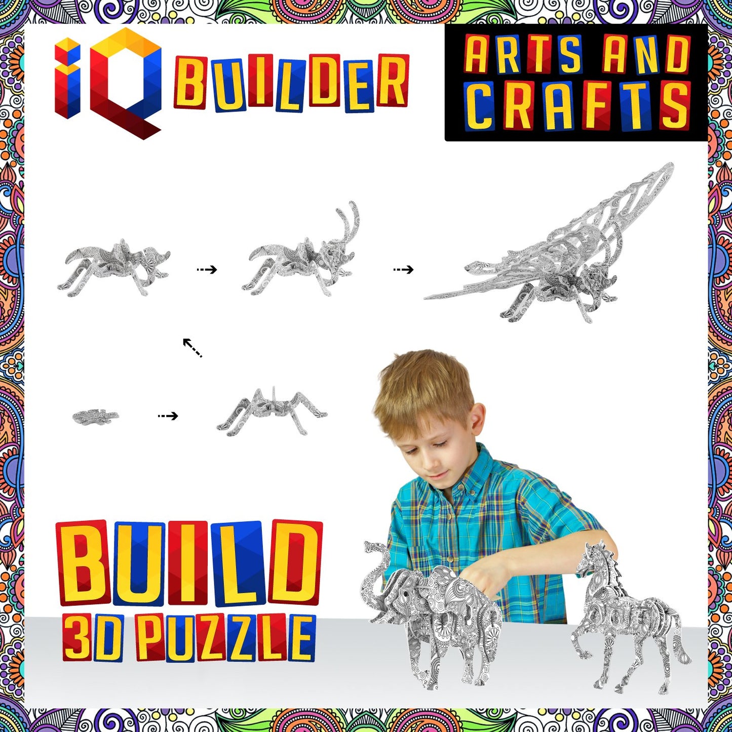 IQ Builder Arts and Crafts for Girls Age 7 8 9 10 11 12 Year Old and up | 3D Art Coloring Painting Animal Puzzle Set | Fun Creative DIY Toys | Family Craft KIT with Supplies | Best Toy Gift for Kids