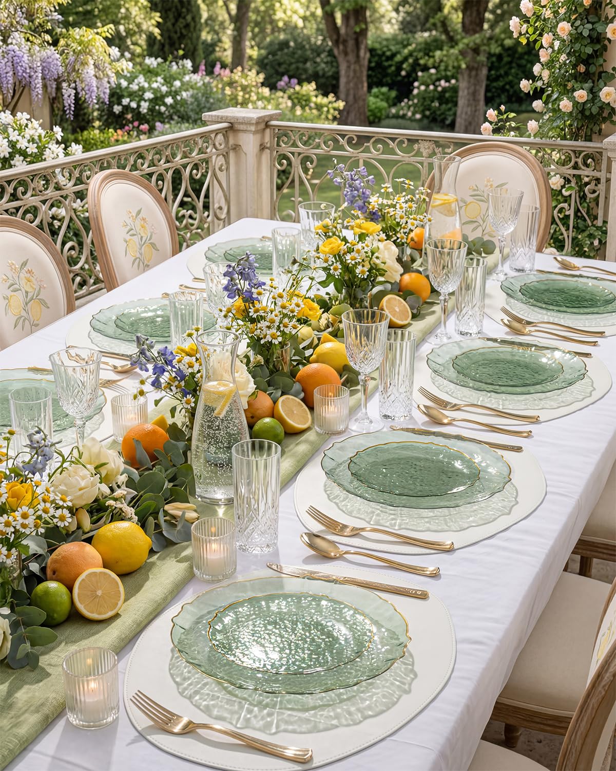 bUCLA 40PCS Sage Green Plastic Plates Disposable - Fancy Clear Hammered with Gold Lace-Edge - Include 20 Each (10inch Dinner & 7inch Dessert) Plates for Party, Birthday & Daily Use