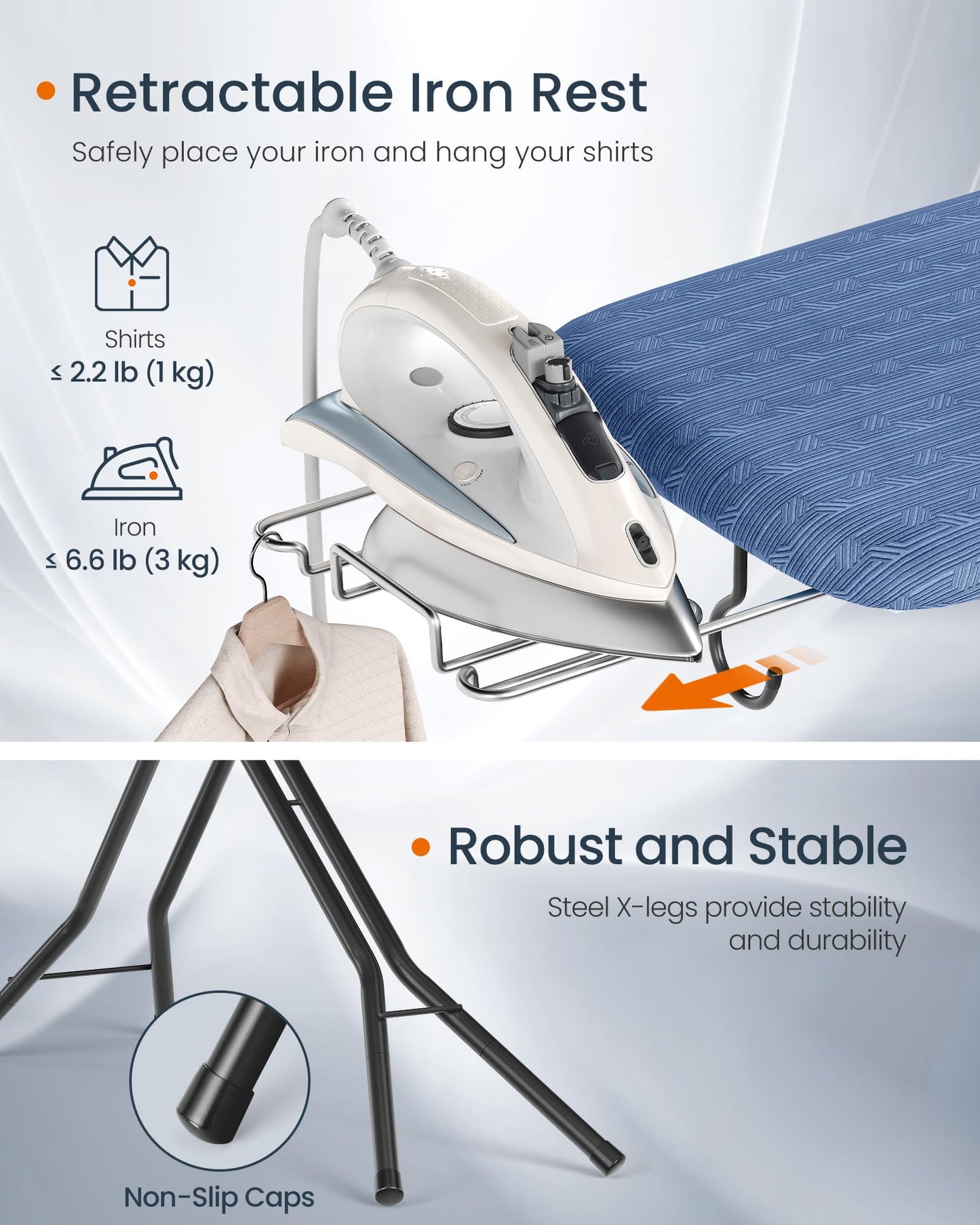SONGMICS Ironing Board, Foldable Iron Board, Height Adjustable up to 35 Inches, with 4 Layered Cover and Pad, Iron Rest, Hook, Steel X-Legs, for Home, Laundry Room, Dorm, Midnight Blue ULLB001Q01