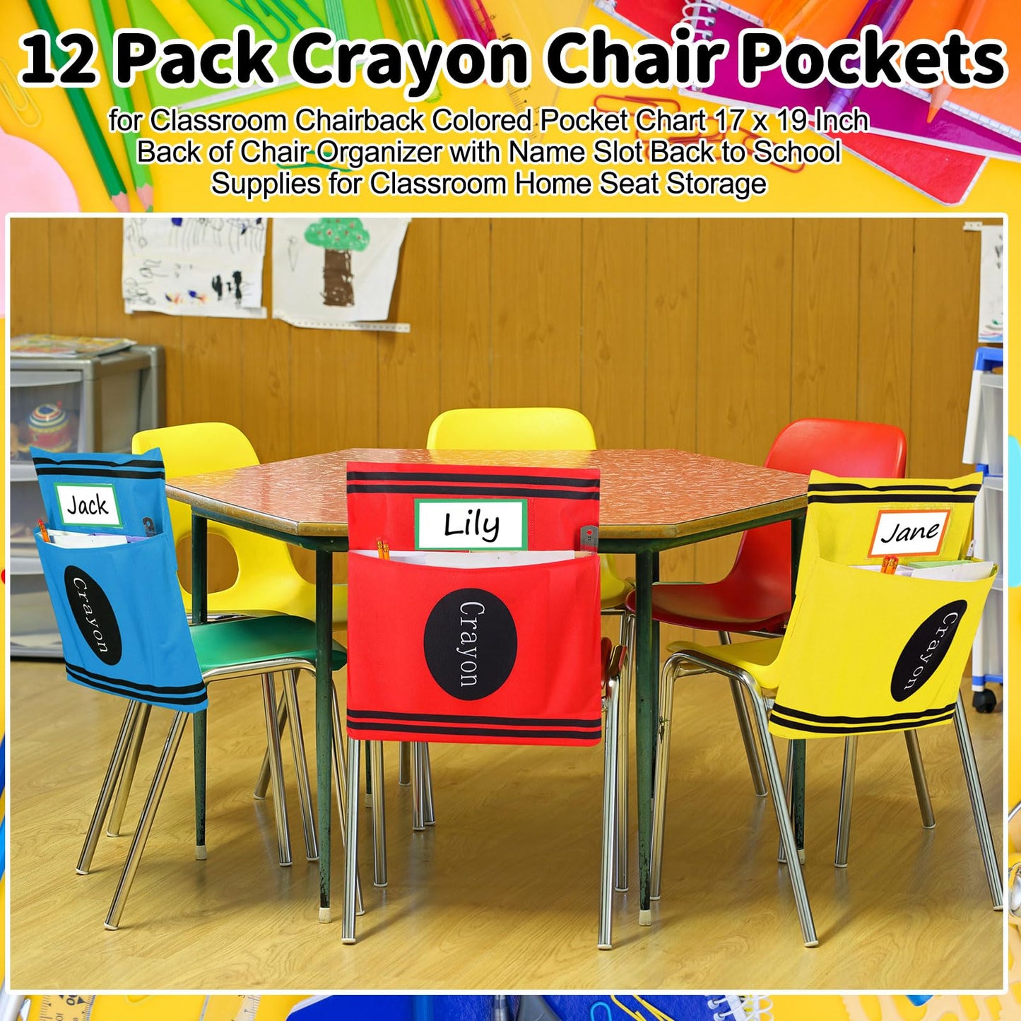 Sunnymove 12 Pack Back to School Chair Pockets Crayon Classroom Decor 18.5'' x 19'' Chair Pockets for Classroom Crayon Seat Pocket Preschool Storage Organizer with Name Slot for First Day of School
