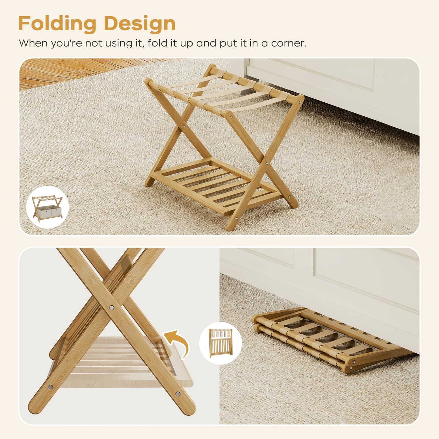 oakvivo Fully Assembled Luggage Rack, 26.77" Luggage Rack for Guest Room, Bamboo Folding Suitcase Stand with Storage Shelf, 5 Nylon Straps, Heavy Duty Luggage Holder for Bedroom Hotel, 1 Pack, Natural