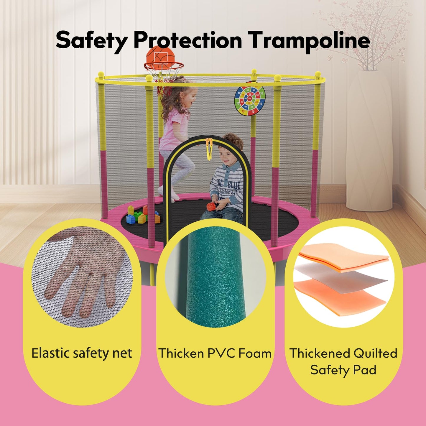 72" Trampoline for Kids with Net,6 FT Indoor & Outdoor Small Toddler Trampoline with Basketball Hoop & Dart Board for Ages 1-8, Birthday Gifts for Boys & Girls, Baby Toddler Christmas Toys Pink