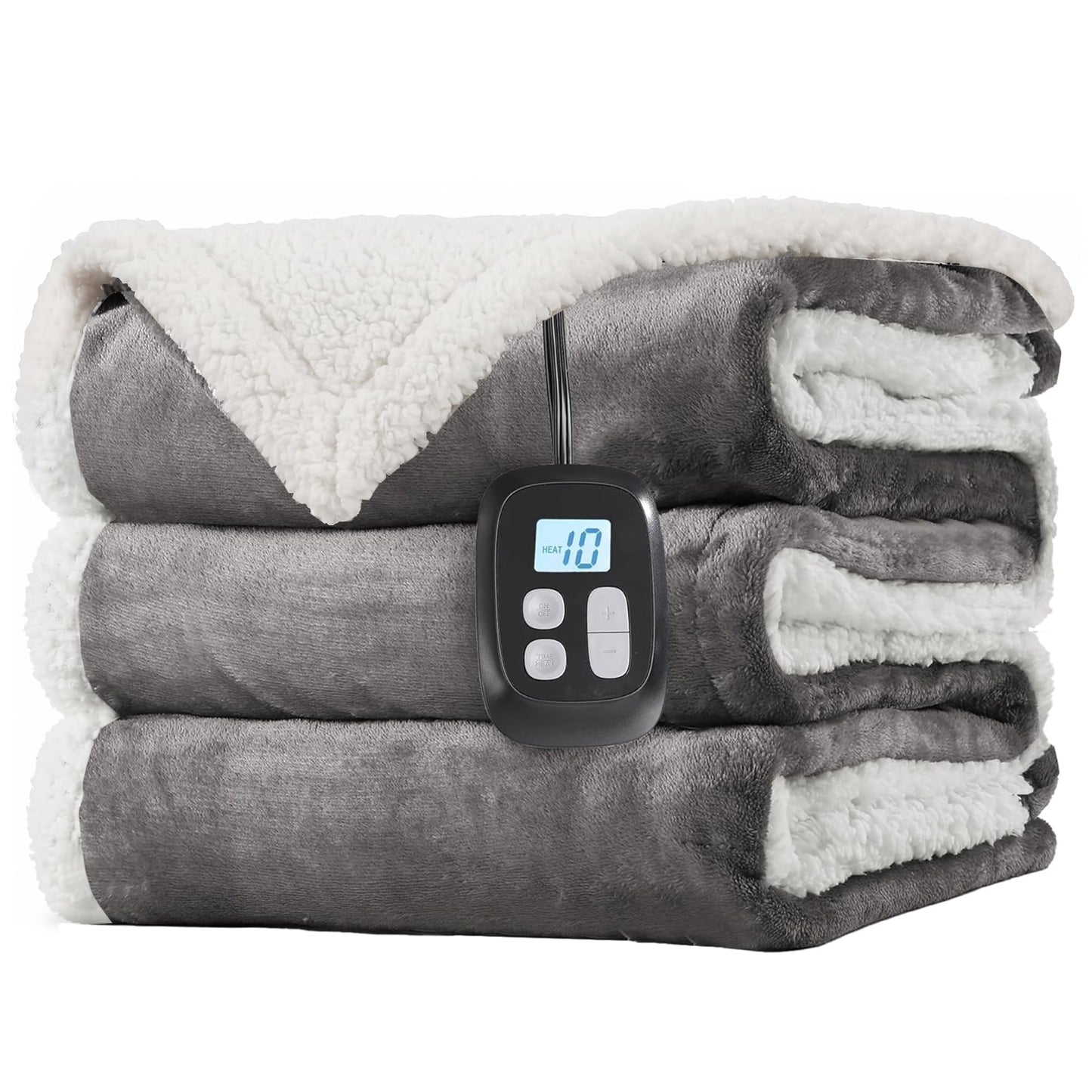LaffyLo Electric Heated Blanket Full Size 72"x 84", Flannel & Sherpa for Bed, Sofa and Couch, ETL Certified, 10 Heat Settings, 1-12H Timer, Overheat Protection, Machine Washable, Light Grey