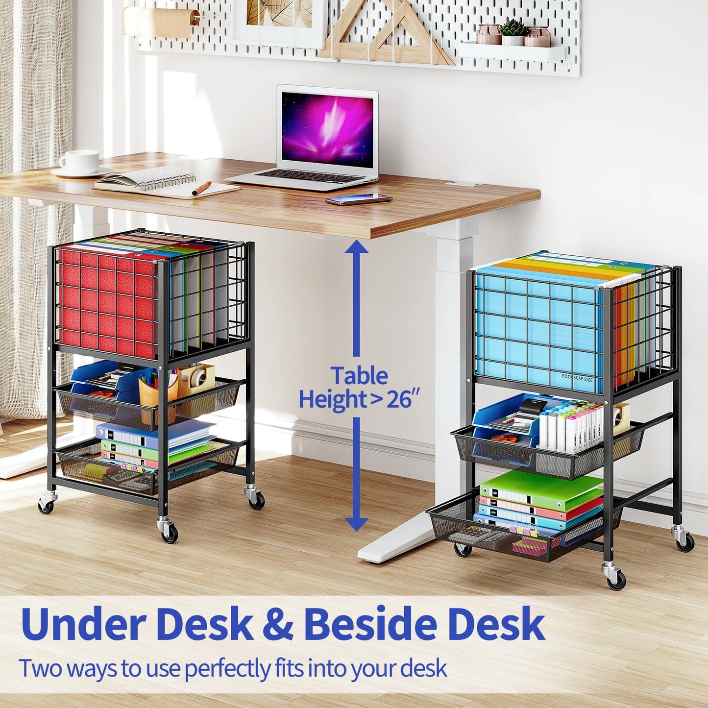 TOOLF Rolling File Cart, 3-Tier Metal File Cabinet with Wheel, Filing Cabinet with 2 Sliding File Trays, Adjustable Hanging File Folder Organizer for Office, Home, Classroom Black