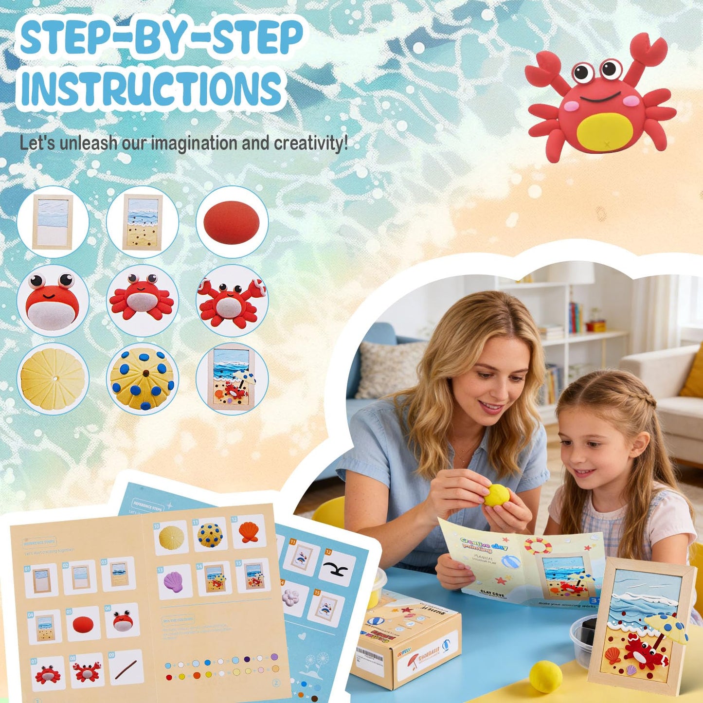 KizDoToy DIY Picture Frame Clay Art Kit for Kids - Rainbow Theme Air Dry Clay Set with Wooden Frame, Tools & Tutorial Cards, Creative Arts and Crafts Gift Set for Children Ages 3+