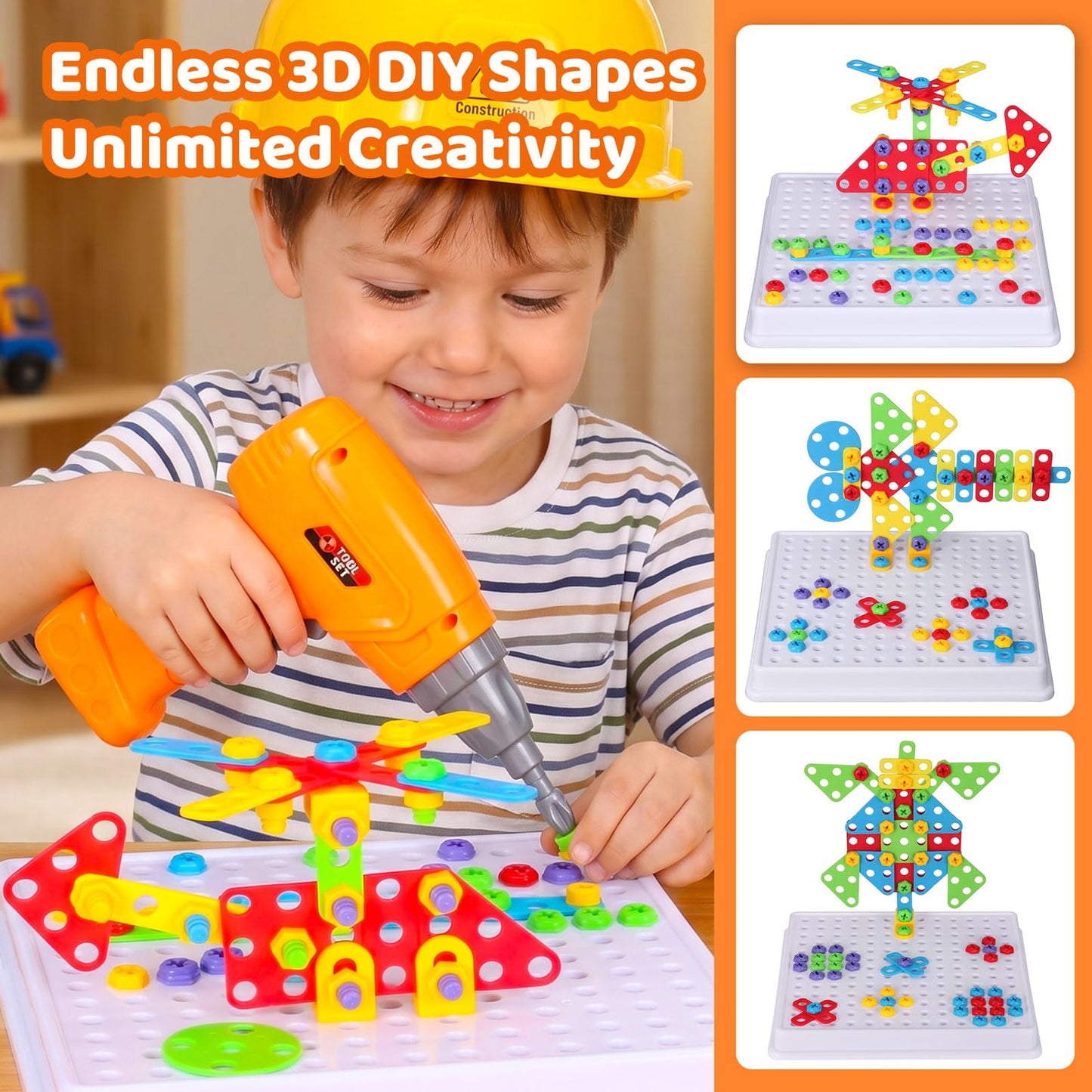 Creative Building Toys Mosaic Drill Set, Power Tools for Kids with Screwdriver Toy, Workshop Games for 3 4 5 6 7 8 Years Boy and Girl, Educational Toy