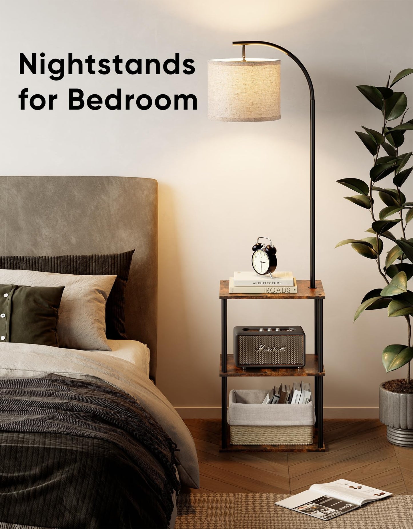 PARTPHONER Floor Lamp with Table, Night Stand with Lamp, Narrow Side Table with 3CCT LED Bulb, Small Coffee Table, Modern End Table with Storage Shelves for Living Room Bedroom Home Décor