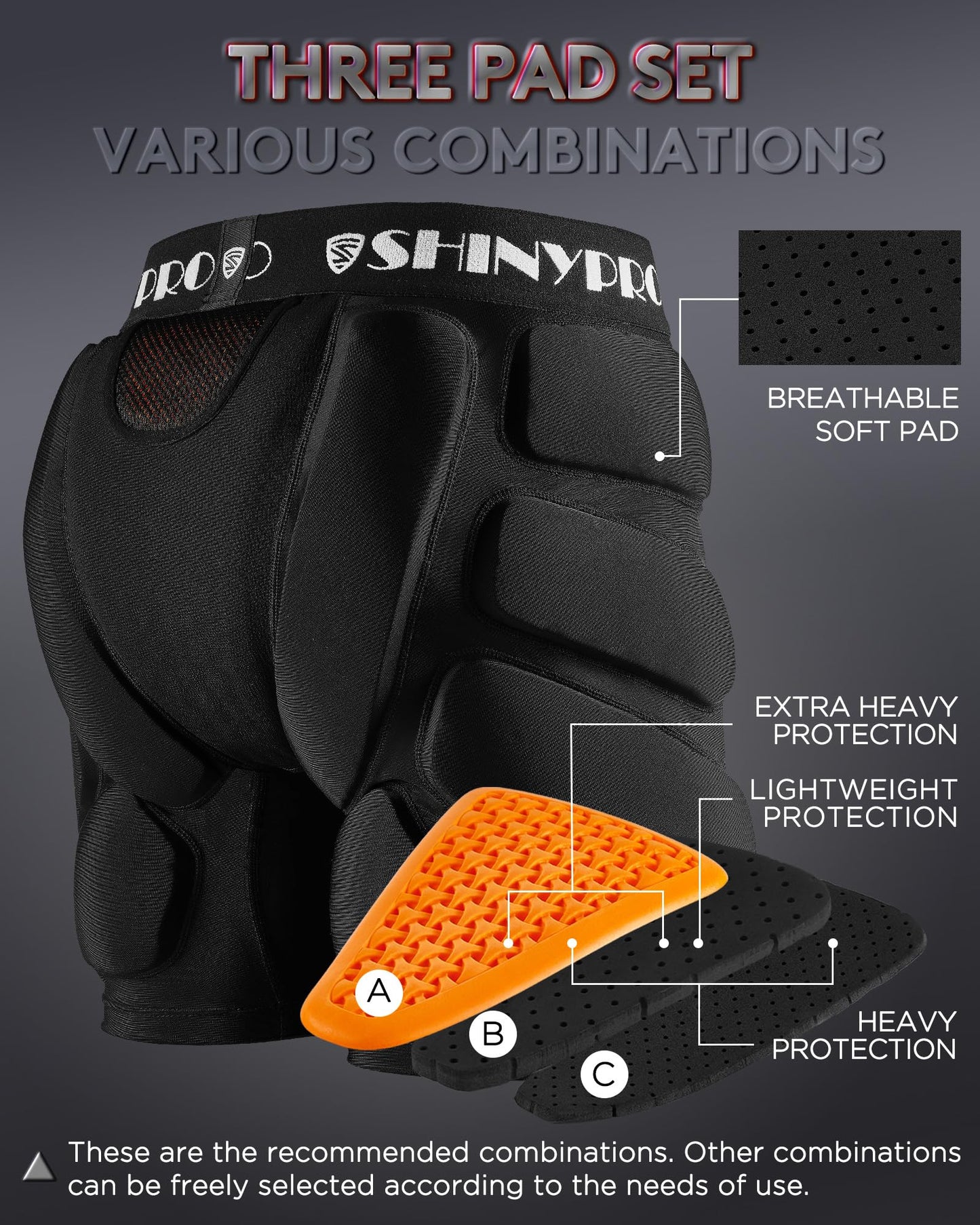 SHINYPRO Protective Padded Shorts for Snowboarding and Skating,Tear Resistance Butt Pad Heavy Duty Protection,All Pads are Removable Black