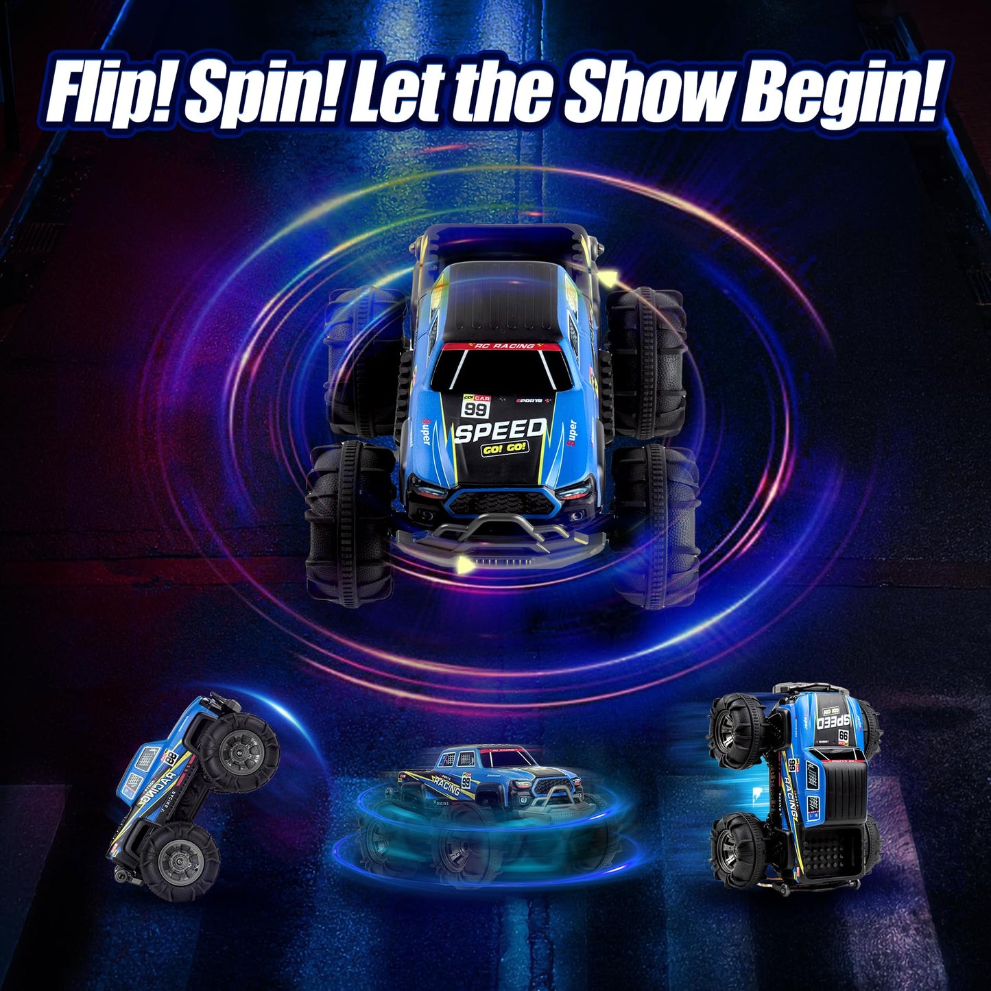Calefwe Amphibious Remote Control Car, Monster Trucks for Boys Age 4-7, Monster Truck Toys W/Blocks & 360°Spin, 4WD All-Terrain Off-Road RC Cars with 2 Batteries 100 min, 2.4Ghz Pool Toy Gift for Kids