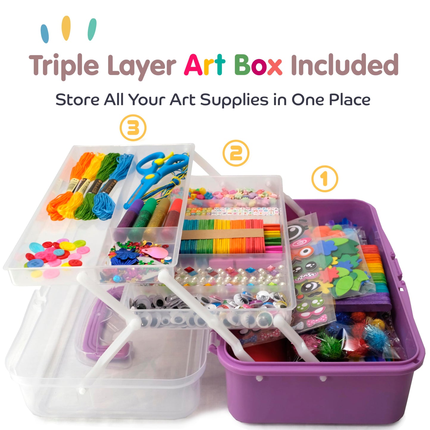 Olly Kids Arts and Crafts Supplies Set- 1000+ Pieces Giftable Craft Box for Kids: DIY Craft Supplies for Toddlers, School Project, and Homeschool