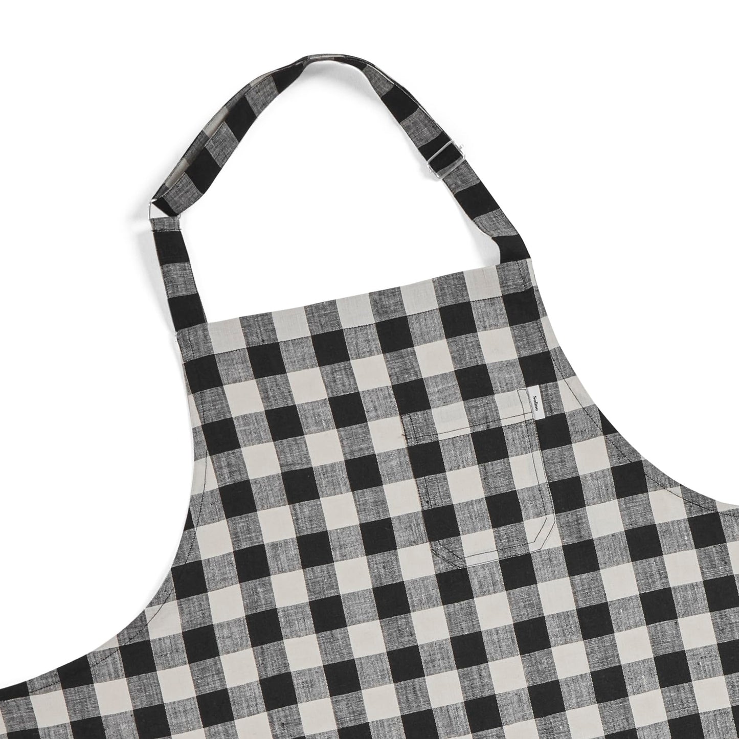 Solino Home Linen Bib Apron for Men & Women - Black and Cream Check Kitchen Apron with Front Pockets - Handcrafted from European Flax