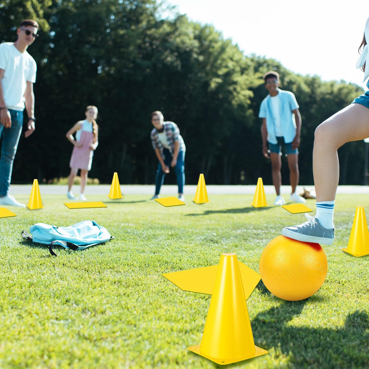 Jenaai 20 Pcs Sports Kickball Set, 3 10'' Playground Ball, 5 Rubber Throw Down Bases, Ball Pump, Net Bag, 10 Foul Line Cones, Kickball All in One Kit for Kids Adults Playground Backyard Game (Yellow)