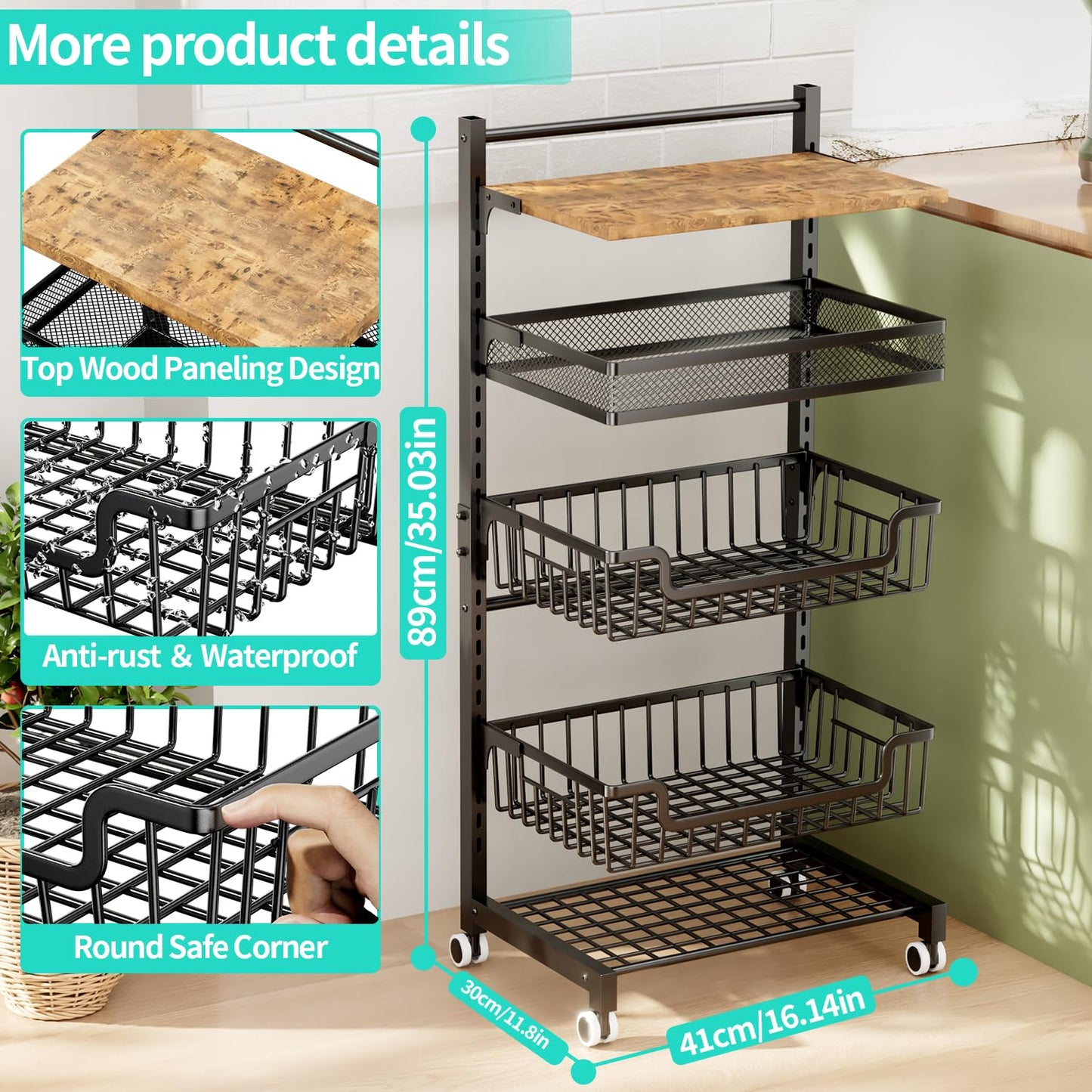 HapiRm Fruit Basket Kitchen Cart - 5 Tier Adjustable Vegetable Storage Rack, Large Capacity Rolling Kitchen Carts on Wheels for Snack Onion and Potato Storage