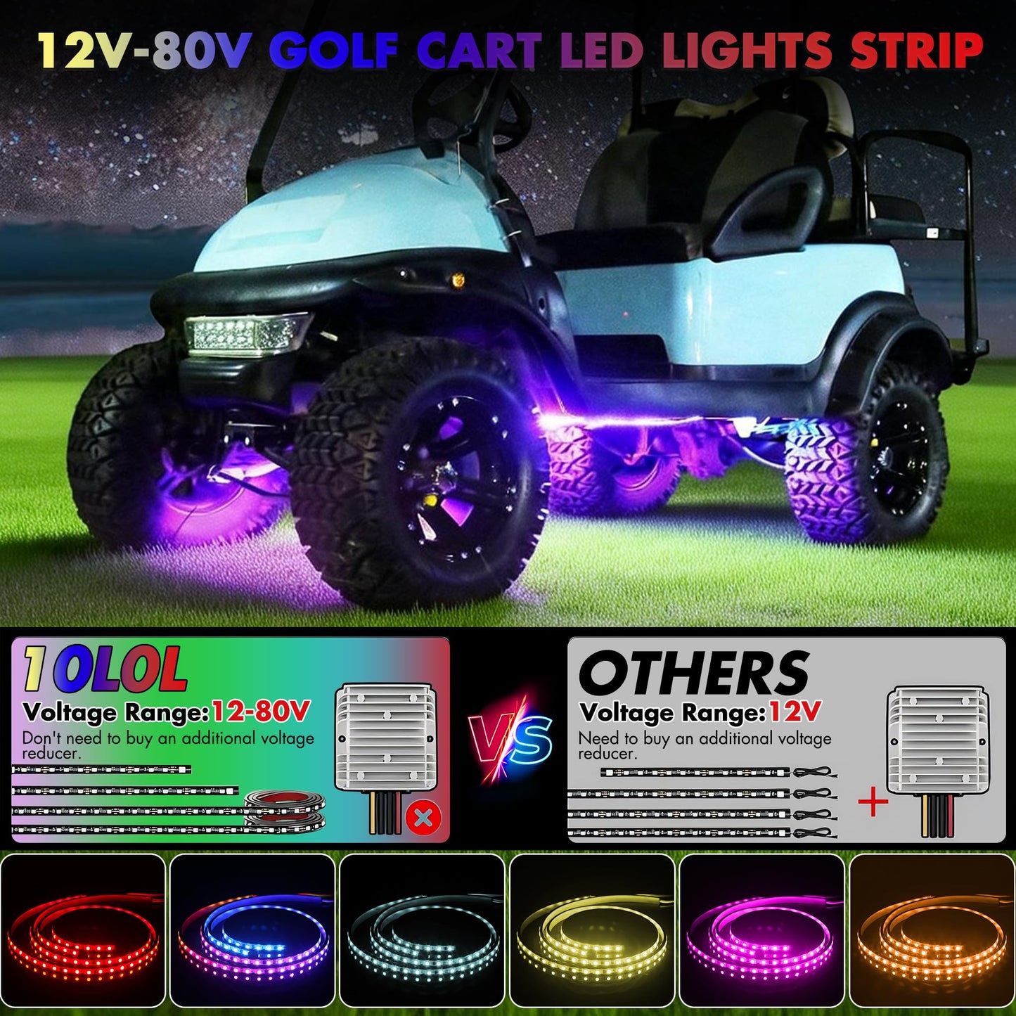 10L0L 4PCS Golf Cart Underglow LED Light Strip Kit, 22 Modes Glow Neon Underbody Lighting with Wireless Remote Control Music Sync IP67 12V-80V Input for Yamaha EZGO Club Car