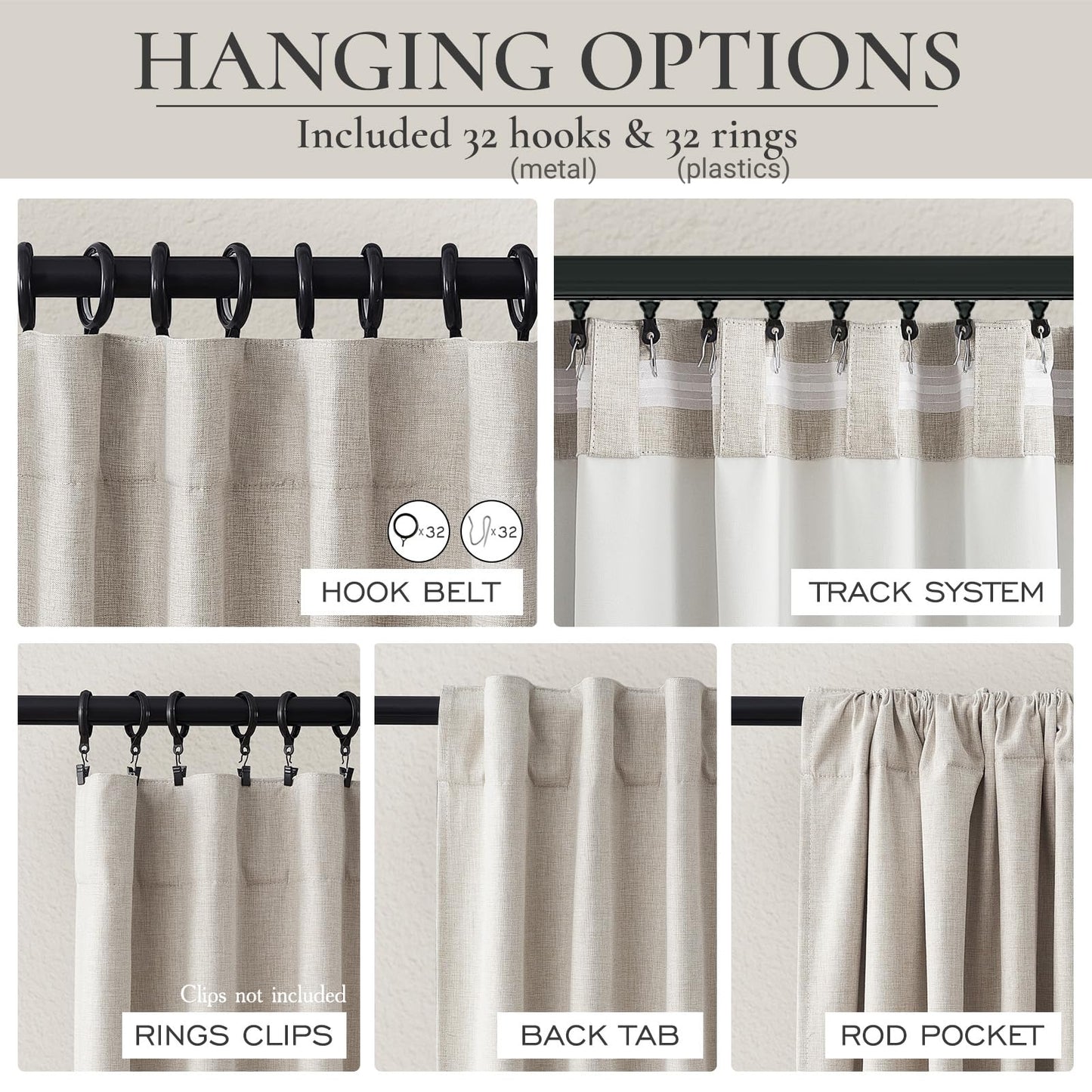 QJmydeco Black Out 96 Inch Long Boho Curtains 2 Panel Set, Farmhouse Curtains for Living Room Darkening/Thermal/Noise Reduction Textured Flax Linen Drape 8ft Hook&Ring Included Birch Off White 50"x96"