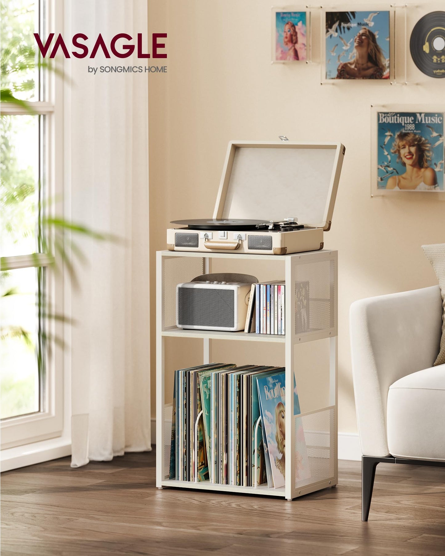 VASAGLE Record Player Stand, 3-Tier Side Table, Vinyl Record Storage up to 100 Albums, End Table for Living Room, Bedroom, Rustic White ULET275W01