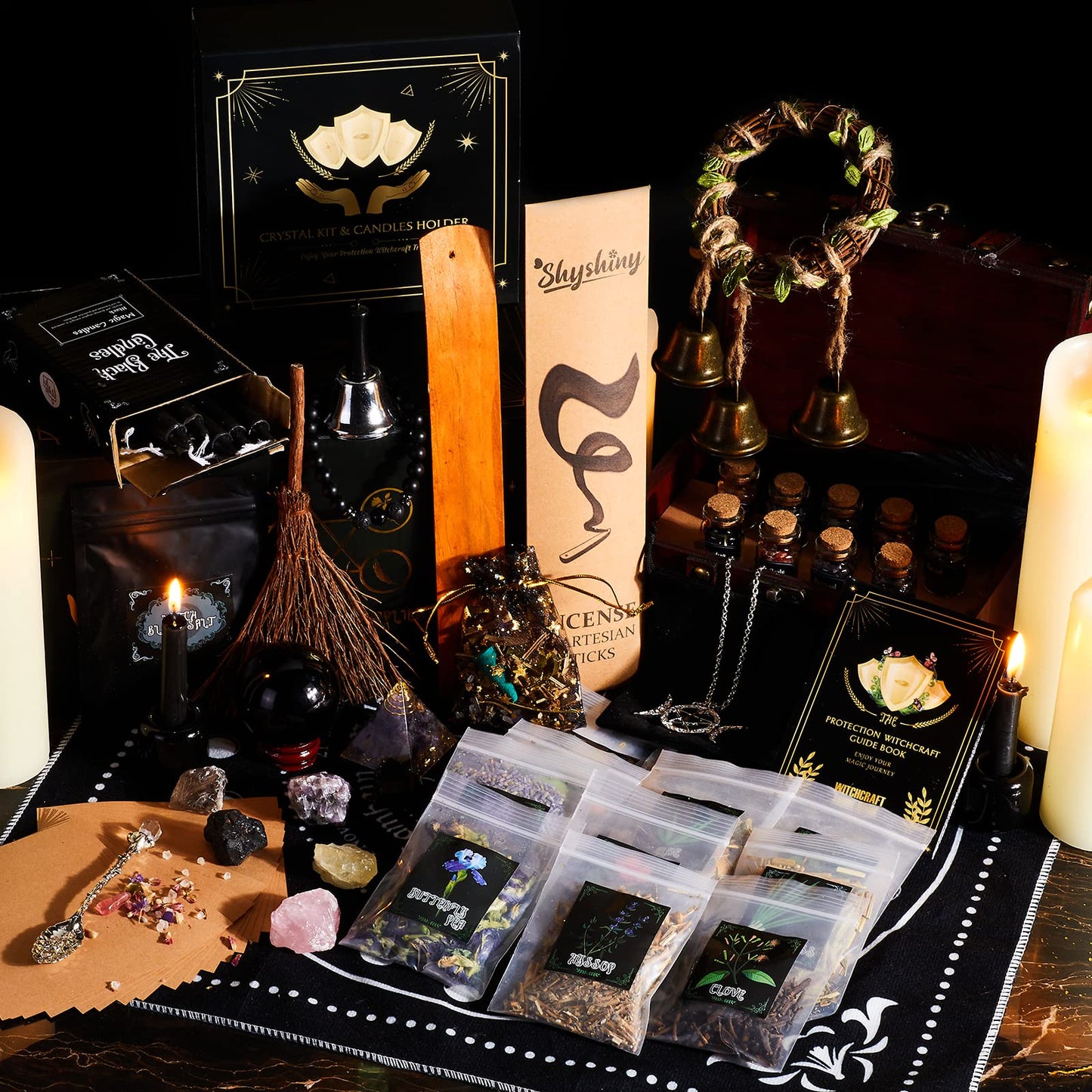 SHYSHINY Wiccan Supplies and Tools for Protection, 130Pack Witchcraft Supplies Witchy Gift for Beginners, Dried Herbs, Crystals, Candles, Witch Starter Spell Kit