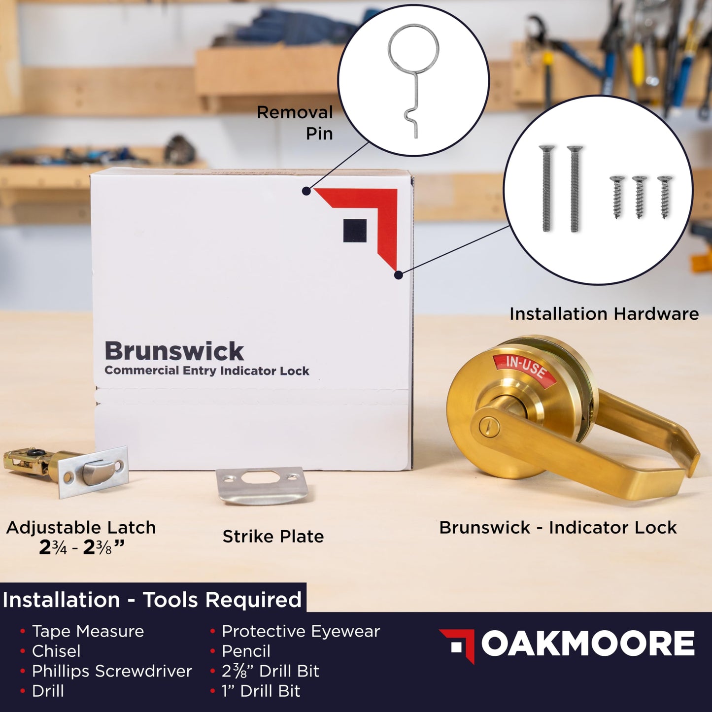 OAKMOORE Commercial Door Handle Bathroom Door Lock in Gold | Vacant Occupied Bathroom Lock | Commercial Restroom Door Lock for Public Bathroom & Industrial Buildings