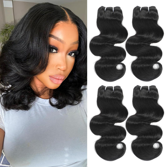 Body Wave Bundles Human Hair 4 Bundles 12 Inch 12A Human Hair Bundles 100% Unprocessed Brazilian Virgin Hair Quick Weave Deals Human Hair Natural Black Color (12/12/12/12, 4 Bundles)