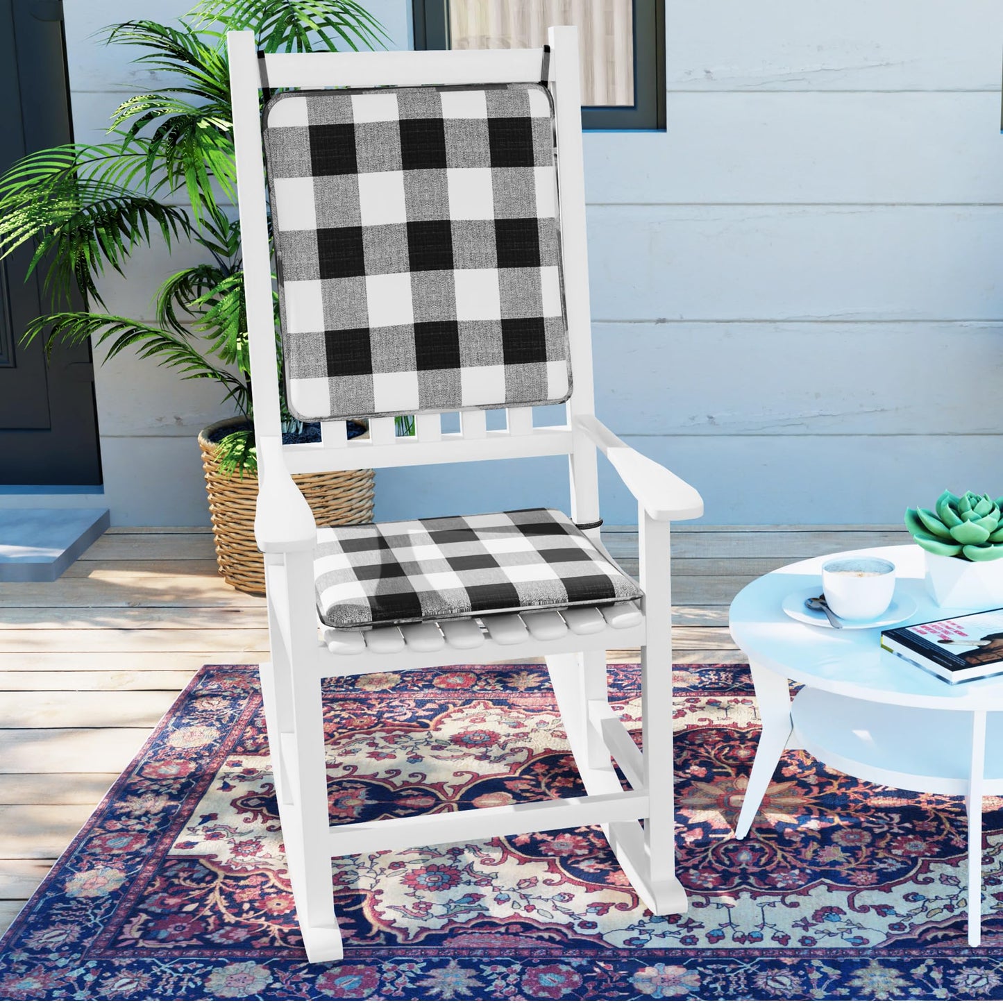 Klear Vu Porch Rocking Chair Cushion Set for Indoor and Outdoor Use, Assembled in The USA, Easy to Clean Stylish Seat and Back Pads with Fabric Ties, 20" x 17" x 2", Jurby Black/White