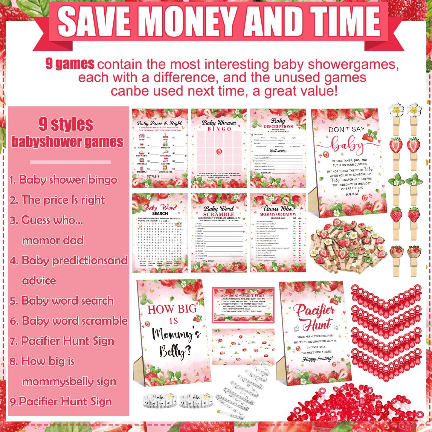 Sherr 476 Pcs Strawberry Baby Shower Games 6 Sets Activities Cards Pacifier Hunt Game 50 Pacifiers How Big is Mommy's Belly Sign 50 Guessing Cards 2 Measuring Tape Don't Say Baby Sign 50 Clothespin