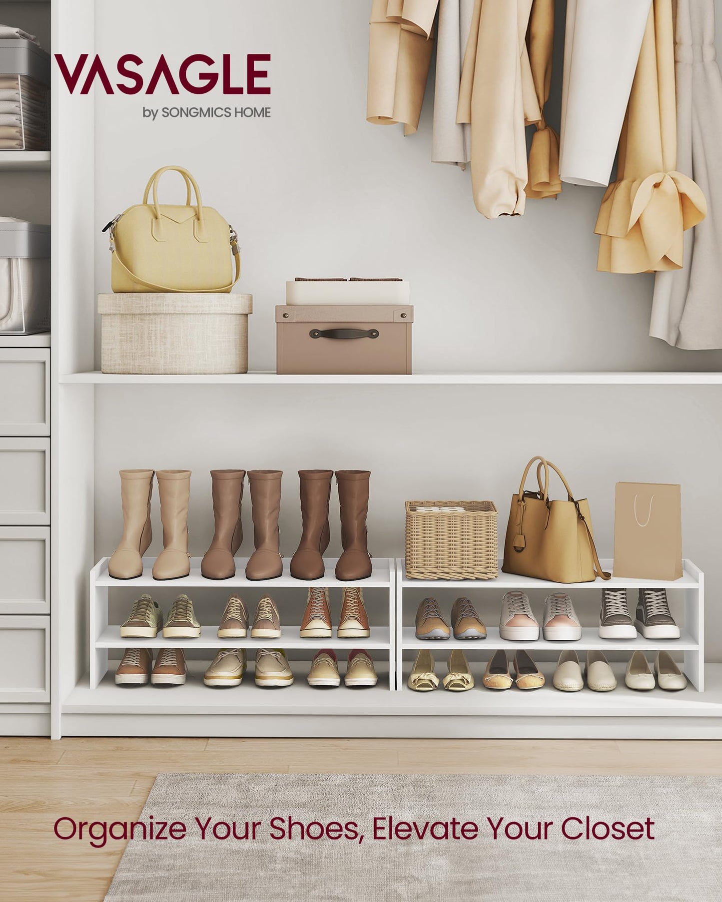 VASAGLE Shoe Rack for Closet, Stackable Shoe Organizer Shelf for Entryway, 2 Tiers, 11.7 x 32.3 x 14.2 Inches, White ULBS060WZ01S