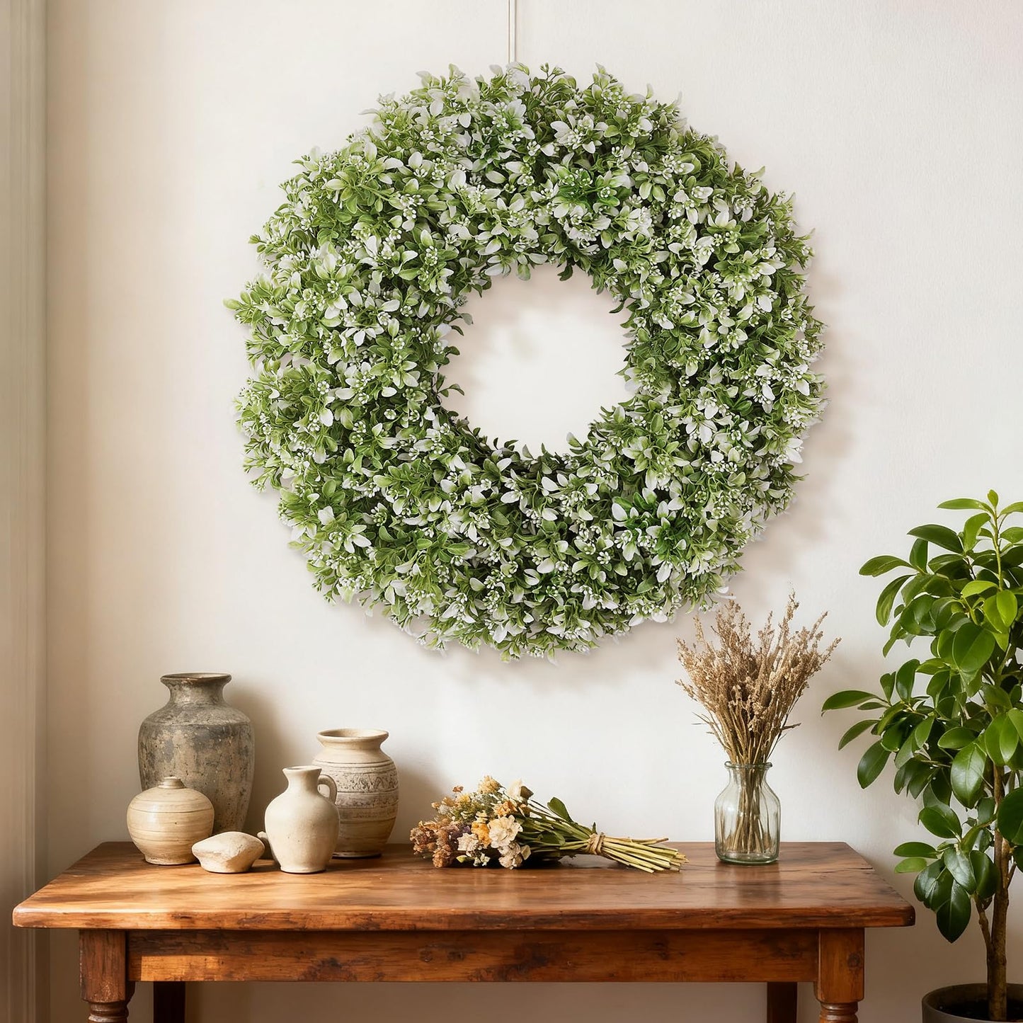 26" Artificial Boxwood Wreath for Front Door - Large Faux Aglaia Odorata Wreath, Fake Eucalyptus Leaves Plants for Wall Window Farmhouse Outdoor Decor - Spring, Summer, All Seasons (White-Green)