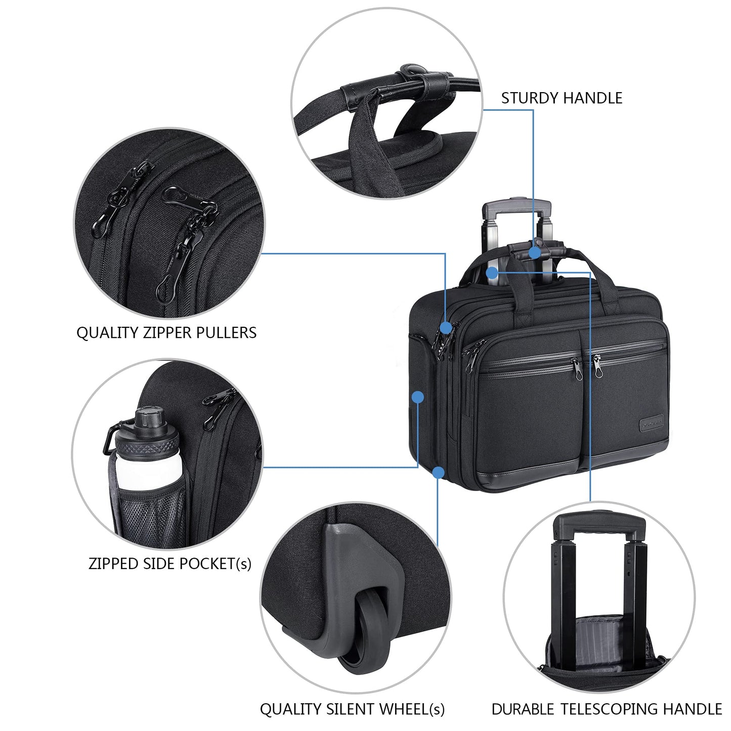 KROSER Rolling Premium Briefcase Fits Up to 17.3 Inch Laptop Water-Repellent Overnight Computer Bag with RFID Pockets for Travel/Business/School/Men/Women-Black