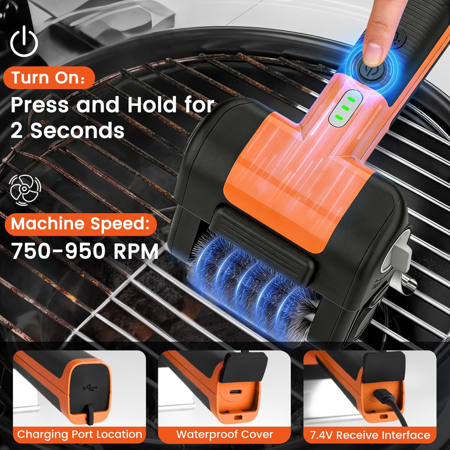 Electric Grill Brush, 950 RPM Cordless Electric BBQ Grill Cleaner with 4500mAh Battery, LED Light, 304 Stainless Steel Brush Head, Grill Clean for Outdoor Grill, No Preheating for Father's Day