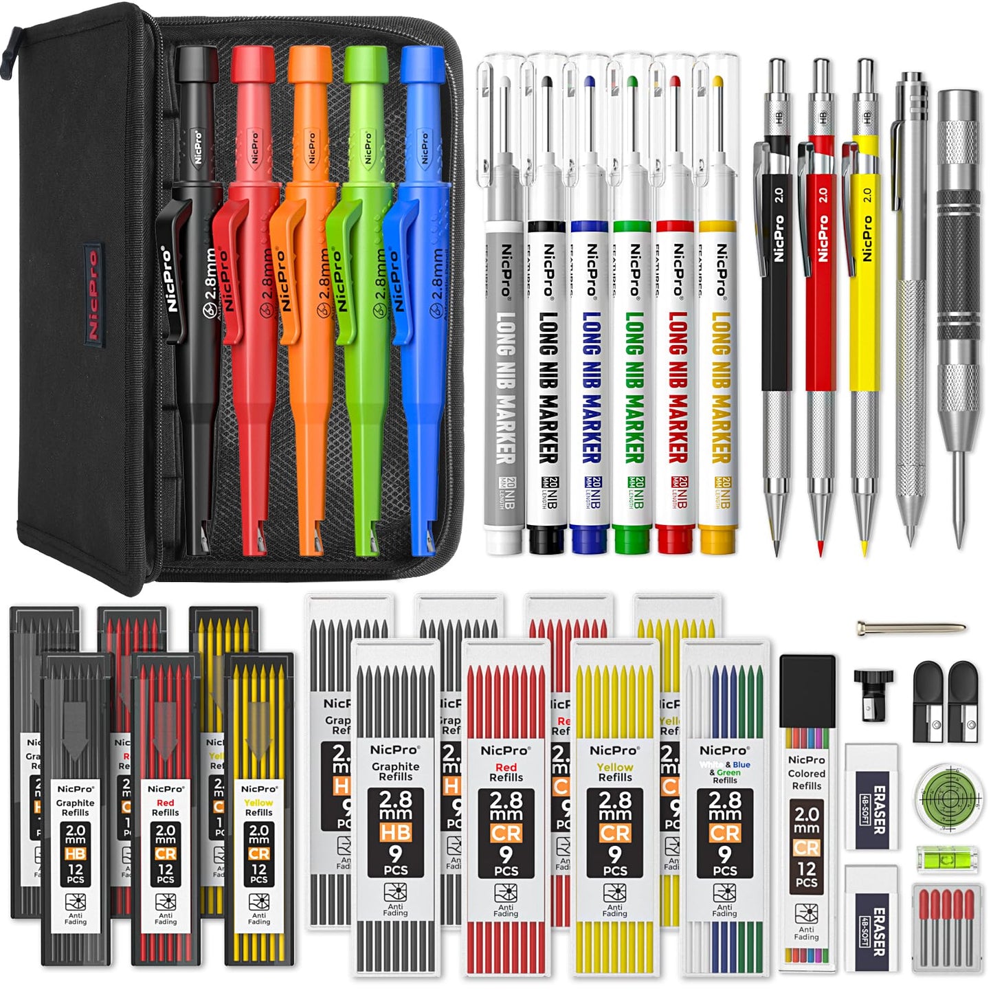 Nicpro 44 Pack CP3000 Carpenter Pencils with Sharpener, Mechanical Carpenter Pencil set with 169PCS Refills, Long Nib Marker Pens, Carbide Scribe Tool & Construction Pencils for Architect Woodworking