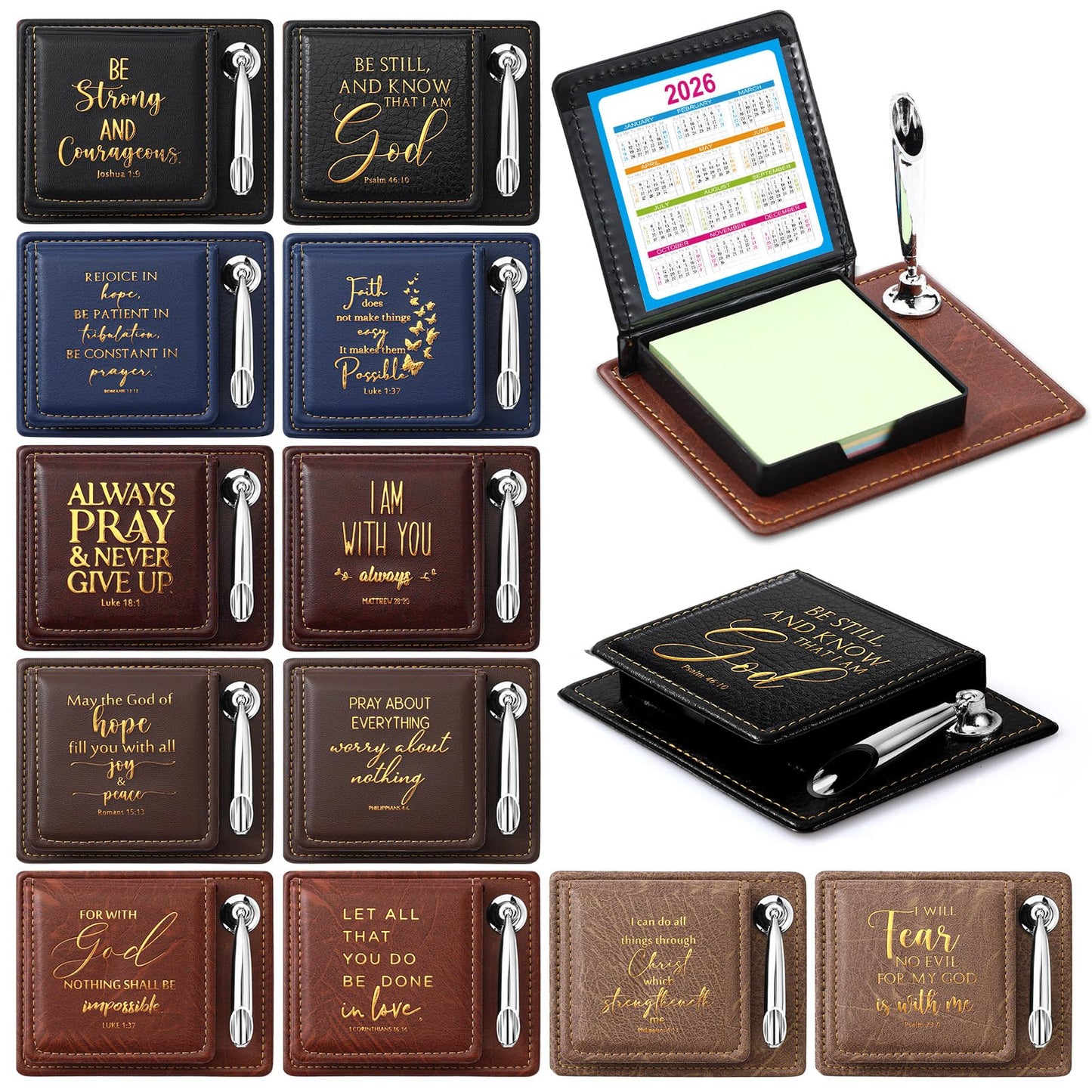 Spakon 12 Set Fathers Day Christian Gifts Bible Verse Sticky Note Holder for Inspirational Church Gifts PU Leather Box with Pen Holder for Church Religious Gift Mother Dad Women Men (Mixing Colors)