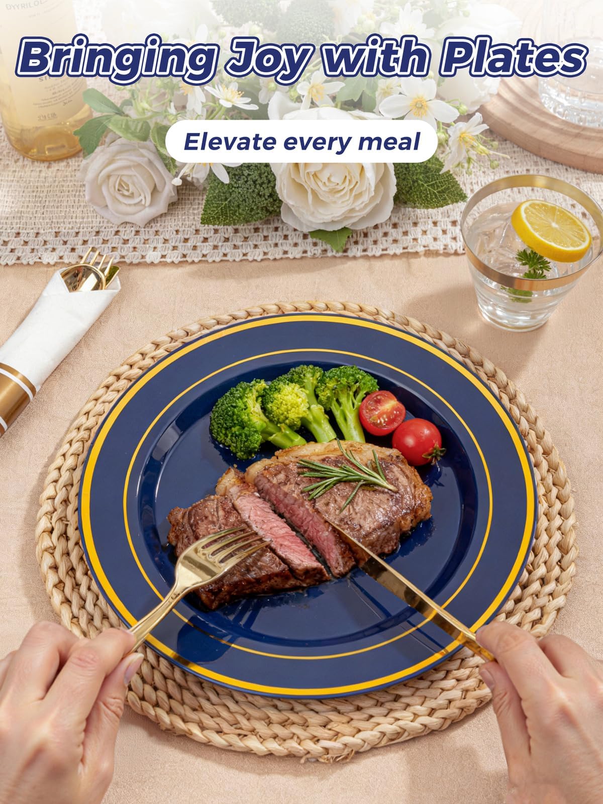 WDF Partyware 350PCS Navy Blue and Gold Plastic Plates with Rolled Napkins Include Dinner Plate 10’’, Dessert Plate 7’’, gold Cups 9 OZ, Pre Rolled Napkins for Birthday/Wedding/Party/Graduation