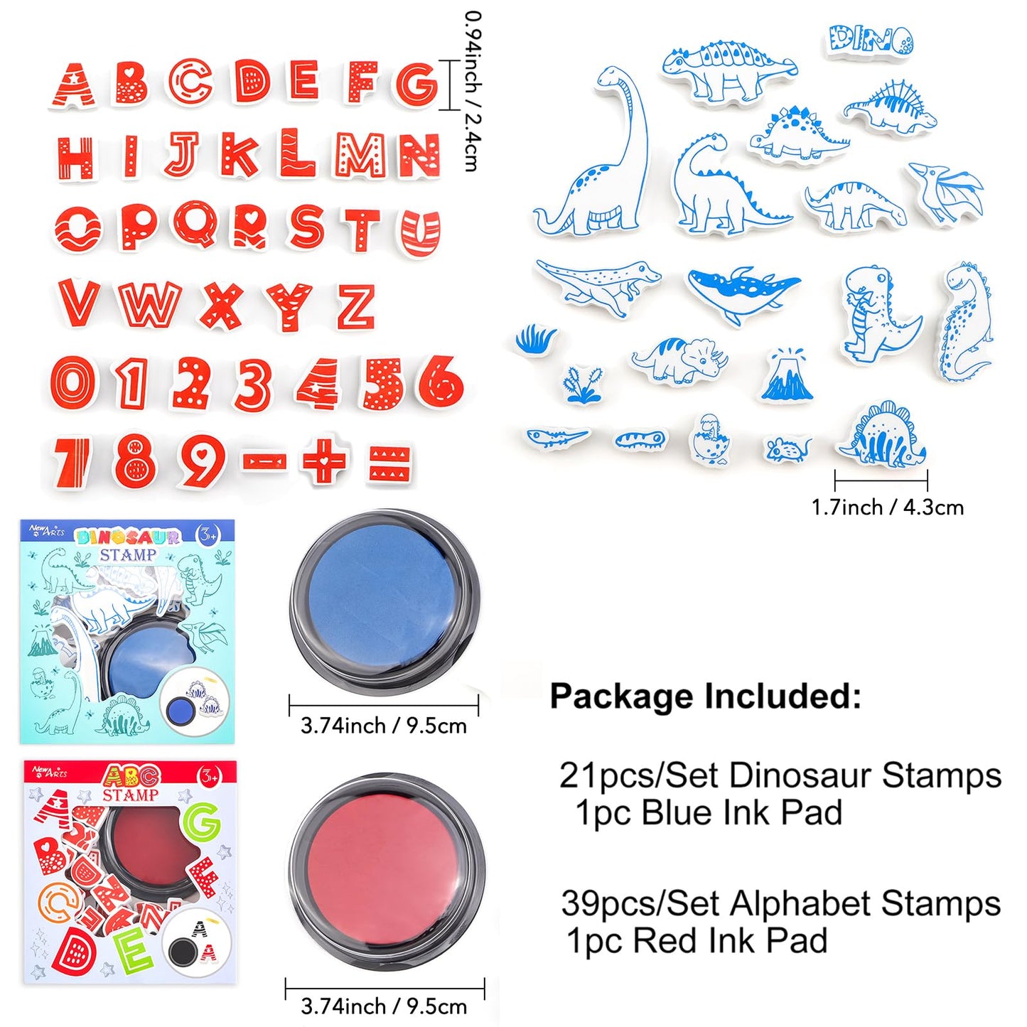 Briartw 2 Pack EVA Stamp Sets Bundle with Ink Pads – 39pcs Alphabet Stamps & 21pcs Dinosaur Stamps – Perfect for Kids Crafts, Scrapbooking, Card Making